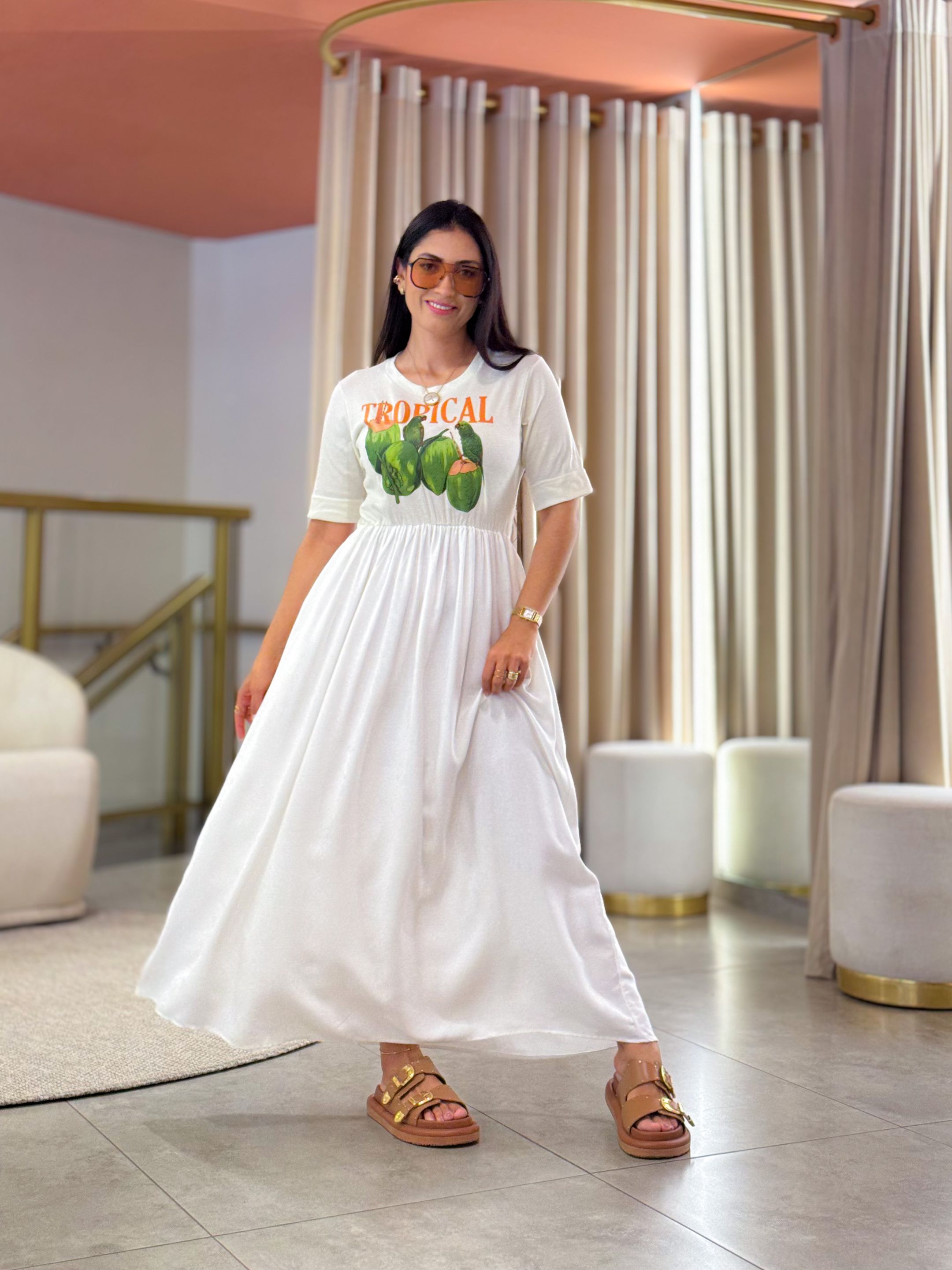 Vestido Kiara Branco Tropical - Por Katia Vilar Moda Clássica 