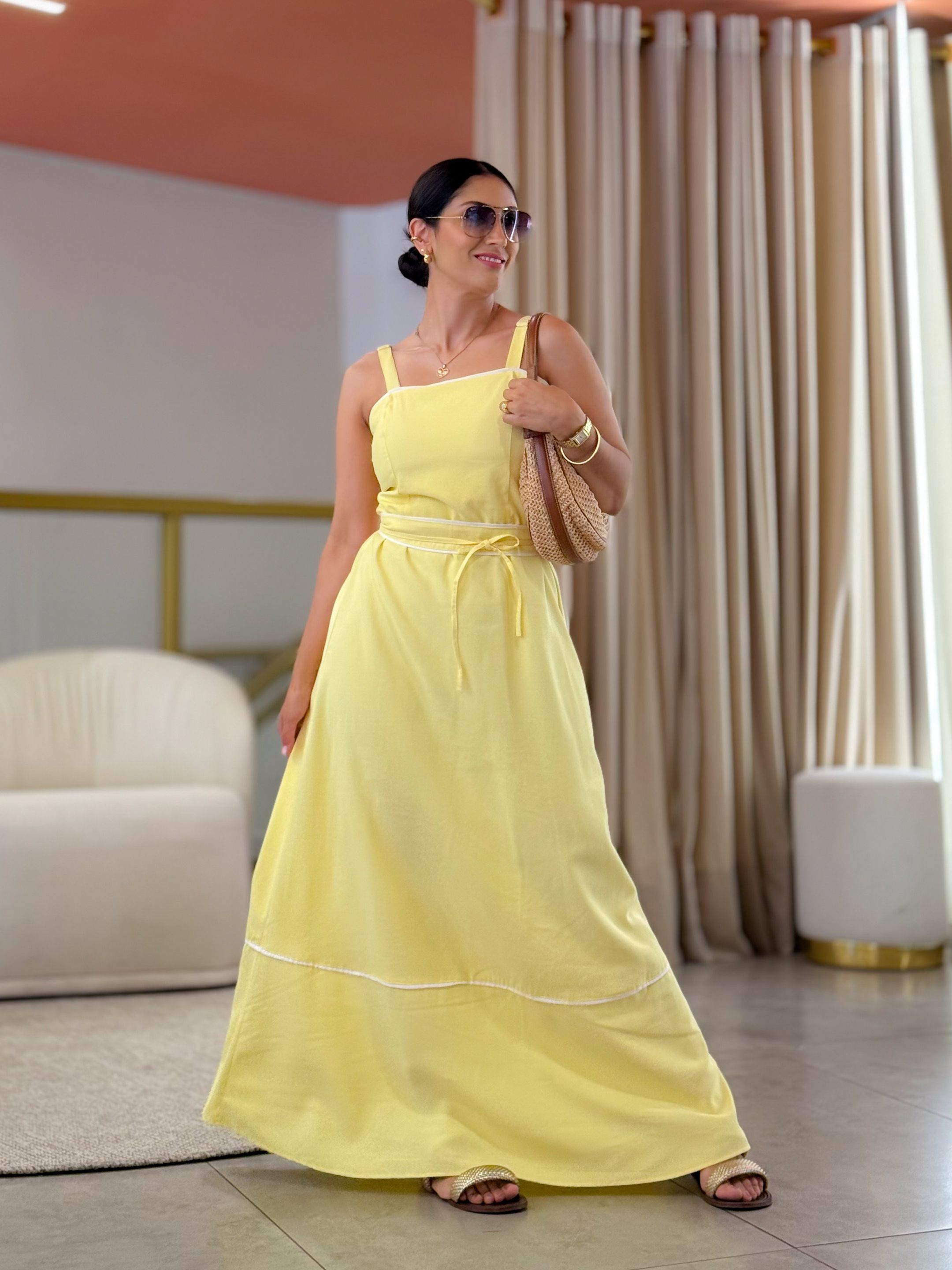 Vestido Maite Amarelo E Branco - Por Katia Vilar Moda Clássica 