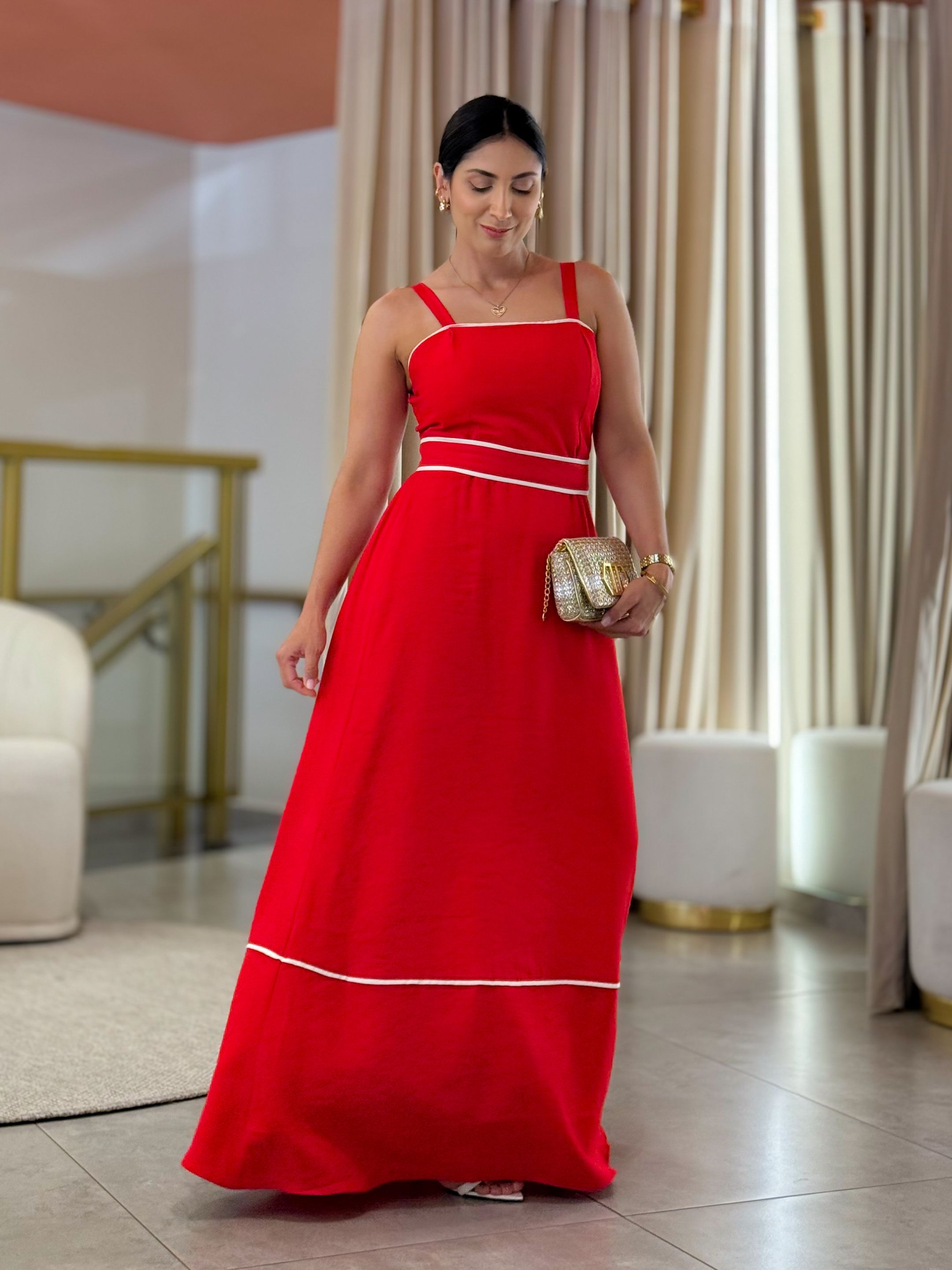 Vestido Maite Vermelho E Branco - Por Katia Vilar Moda Clássica 