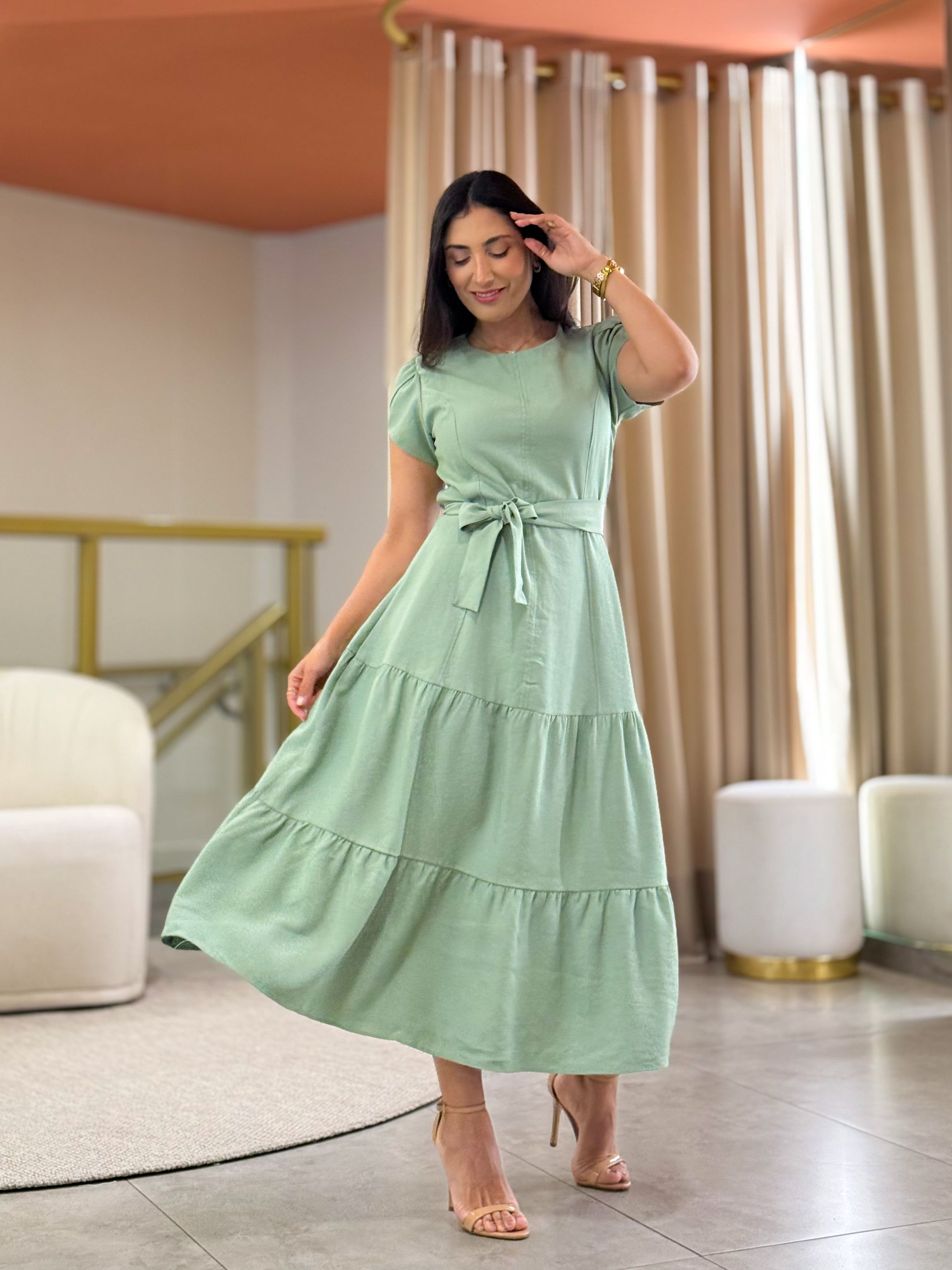 Vestido Livia Verde Pistache - Por Katia Vilar Moda Clássica 