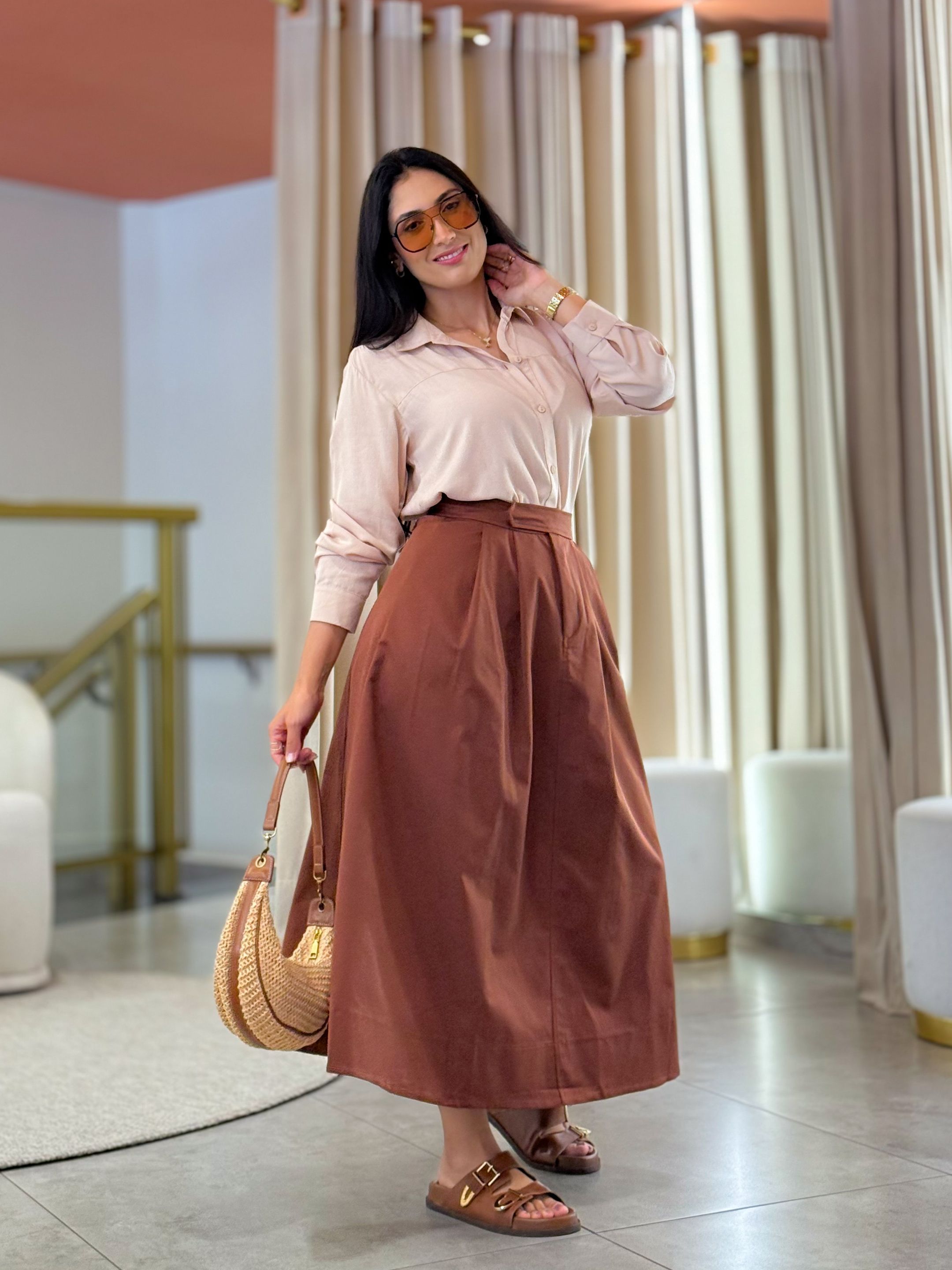 Saia Aline Marrom - Por Katia Vilar Moda Clássica 
