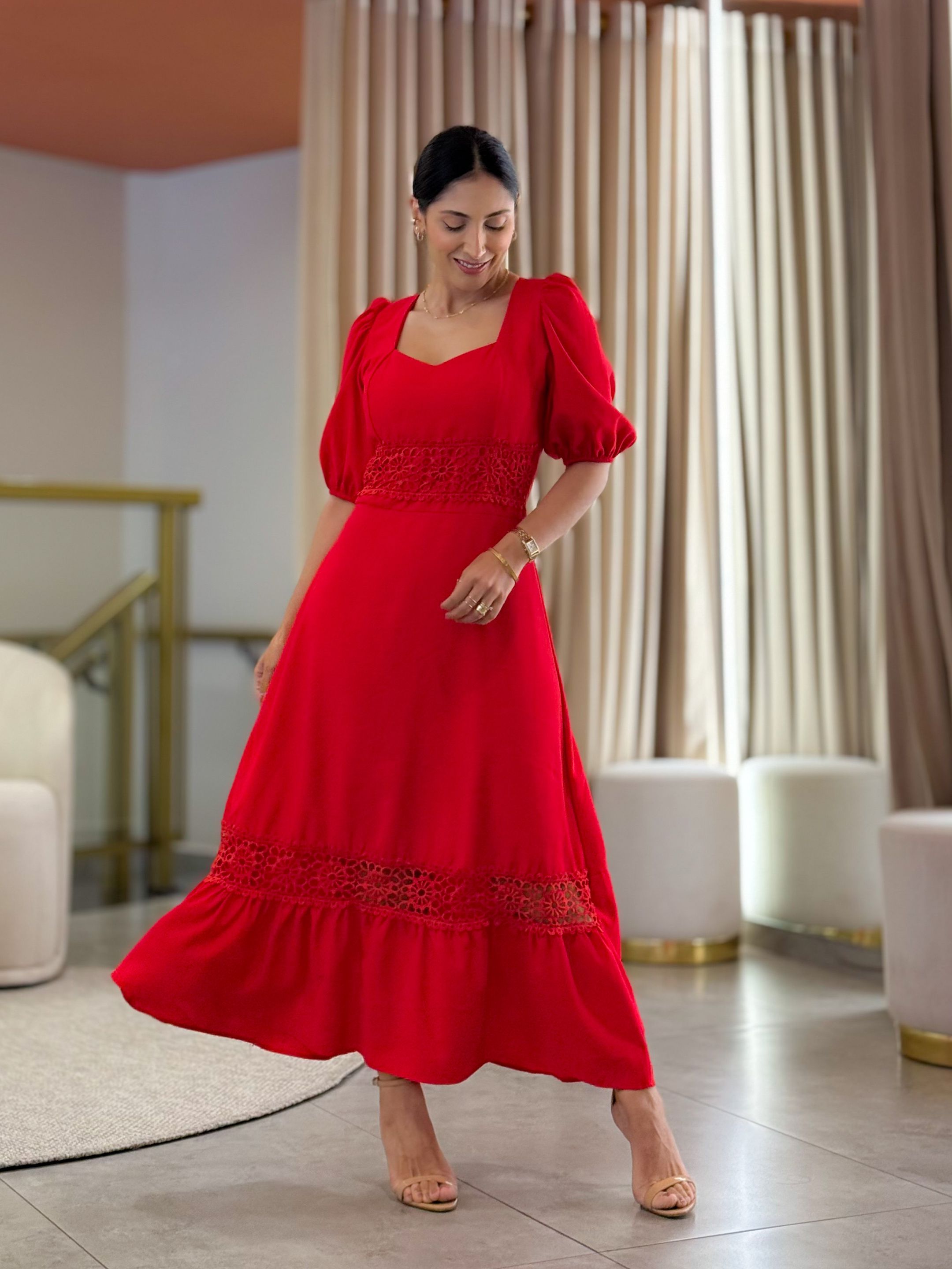 Vestido Betina Vermelho - Por Katia Vilar Moda Clássica 