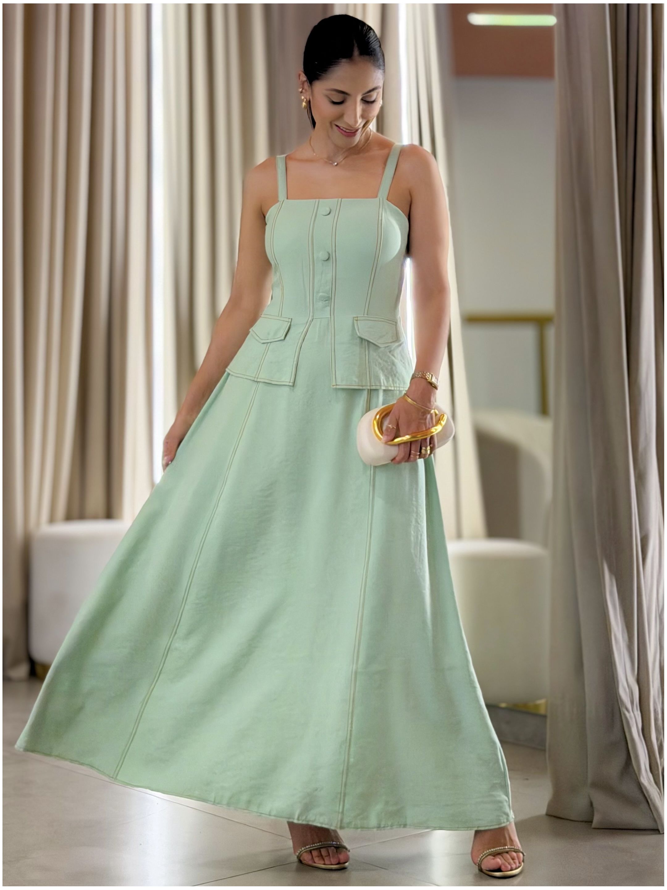 Vestido Taina Verde Menta - Por Katia Vilar Moda Clássica 