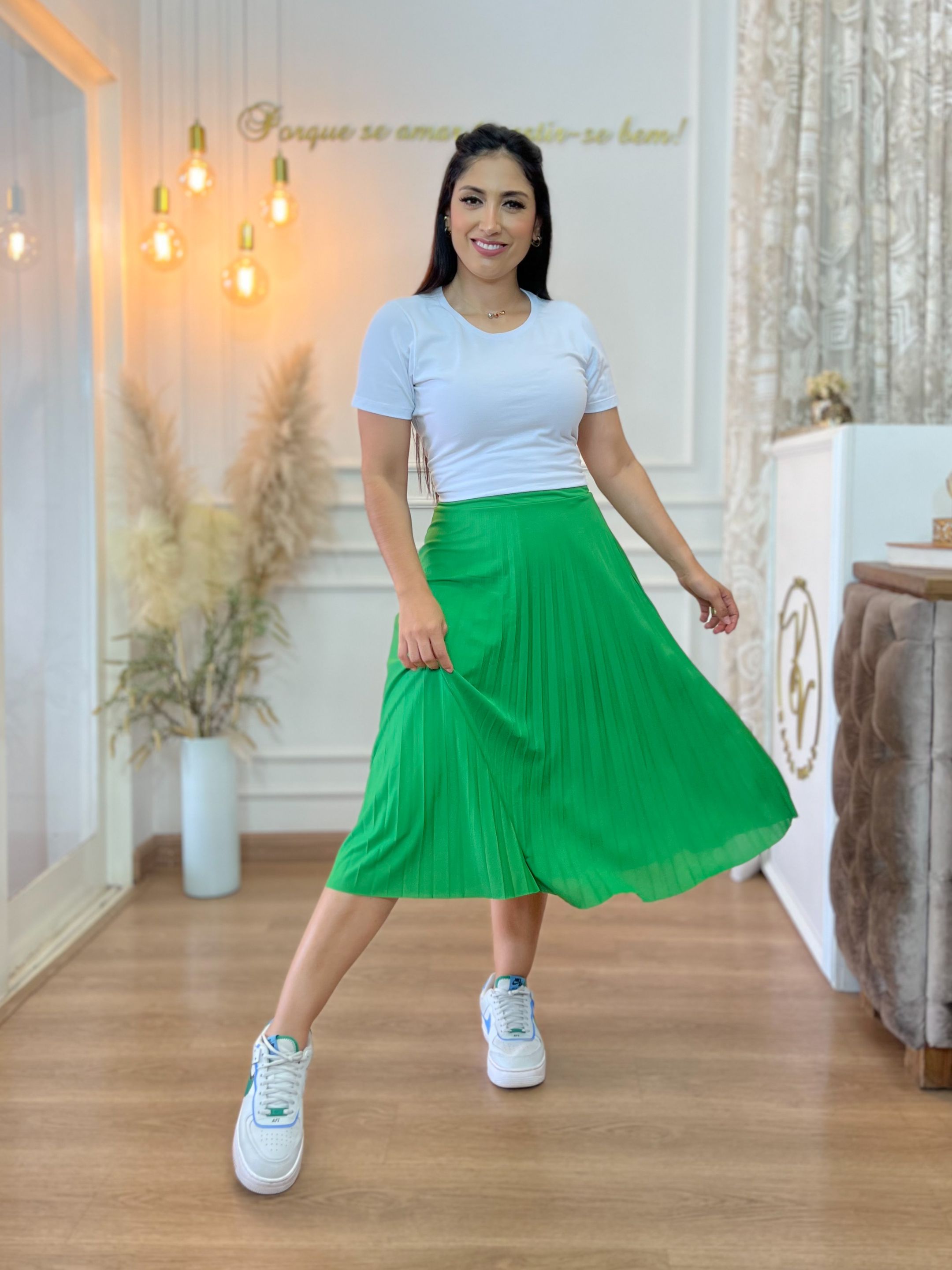 Saia Julia Plissada Verde - Por Katia Vilar Moda Clássica 