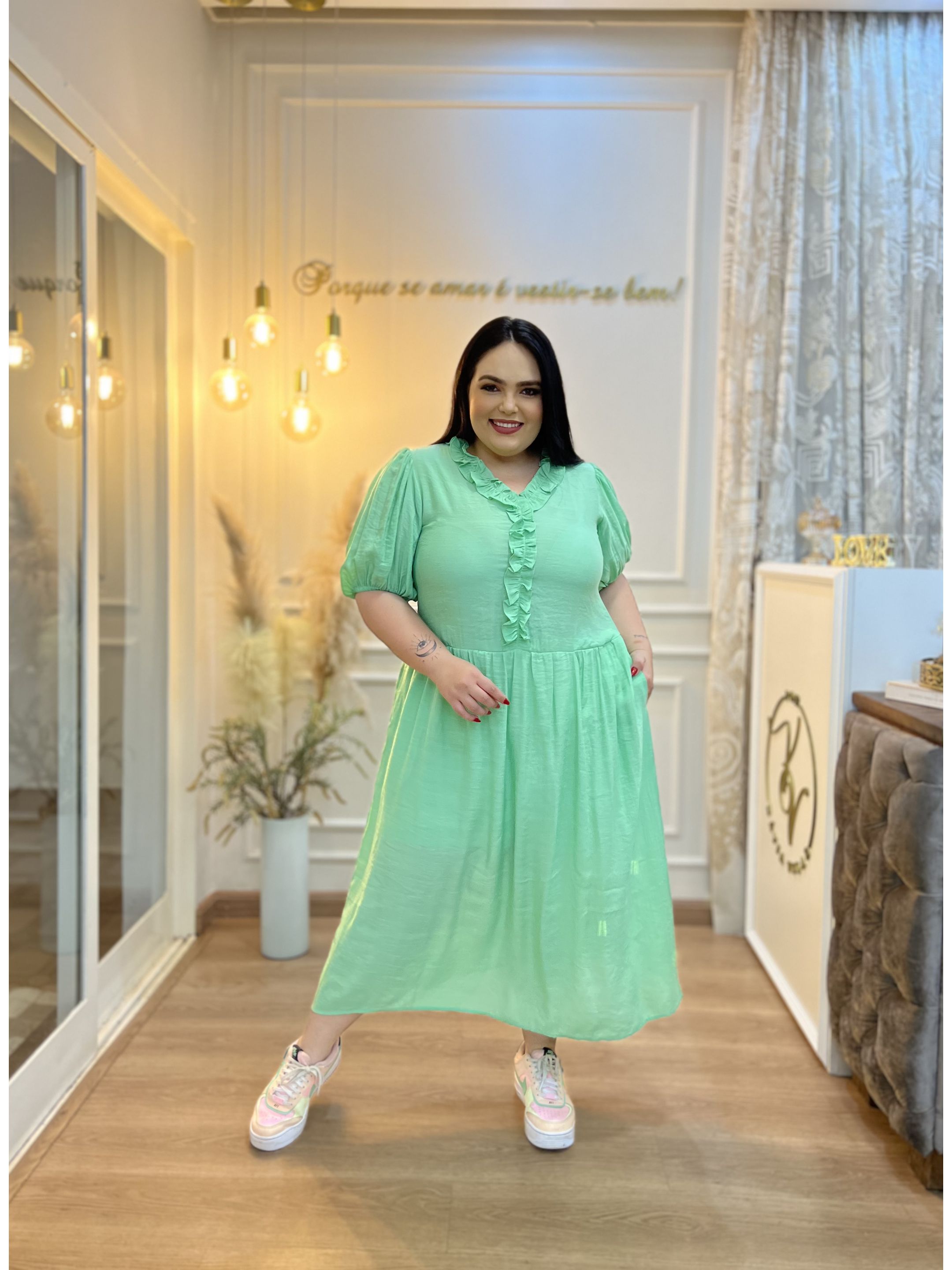 Vestido Suellem Verde Plus - Por Katia Vilar Moda Clássica 