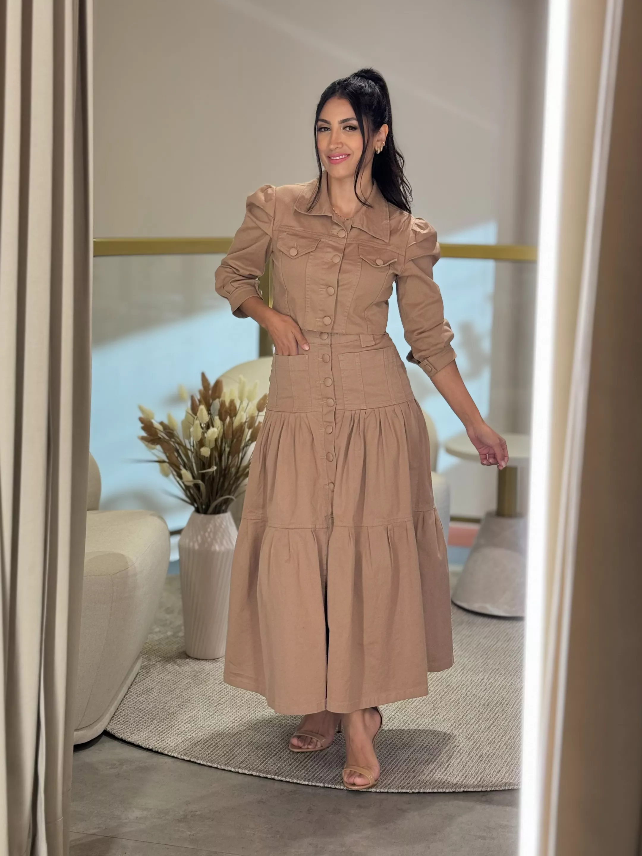Jaqueta Nathy Nude Jeans Cropped - Por Katia Vilar Moda Clássica 