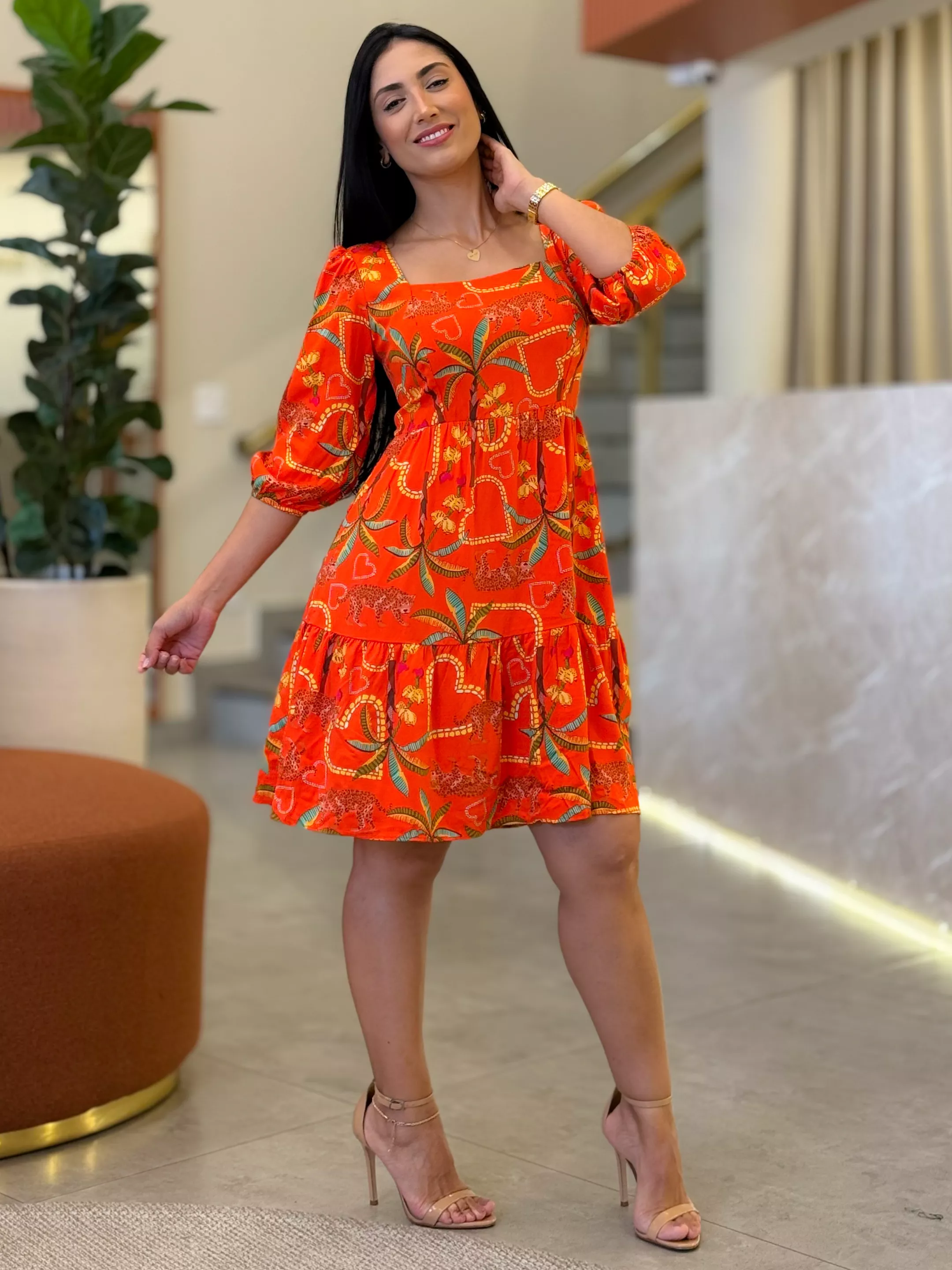 Vestido Marina Estampado Onça Laranja