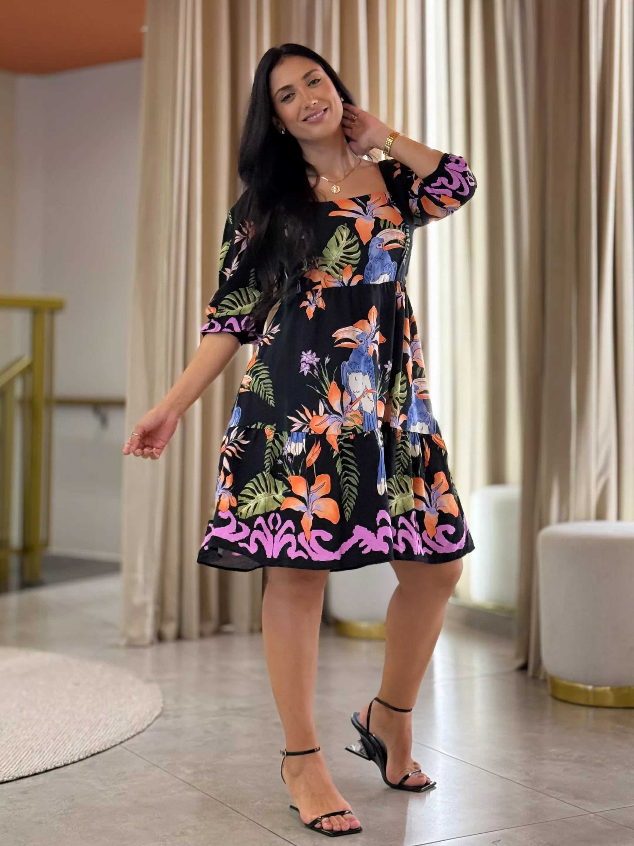 Vestido Marina Estampado Preto Tucano
