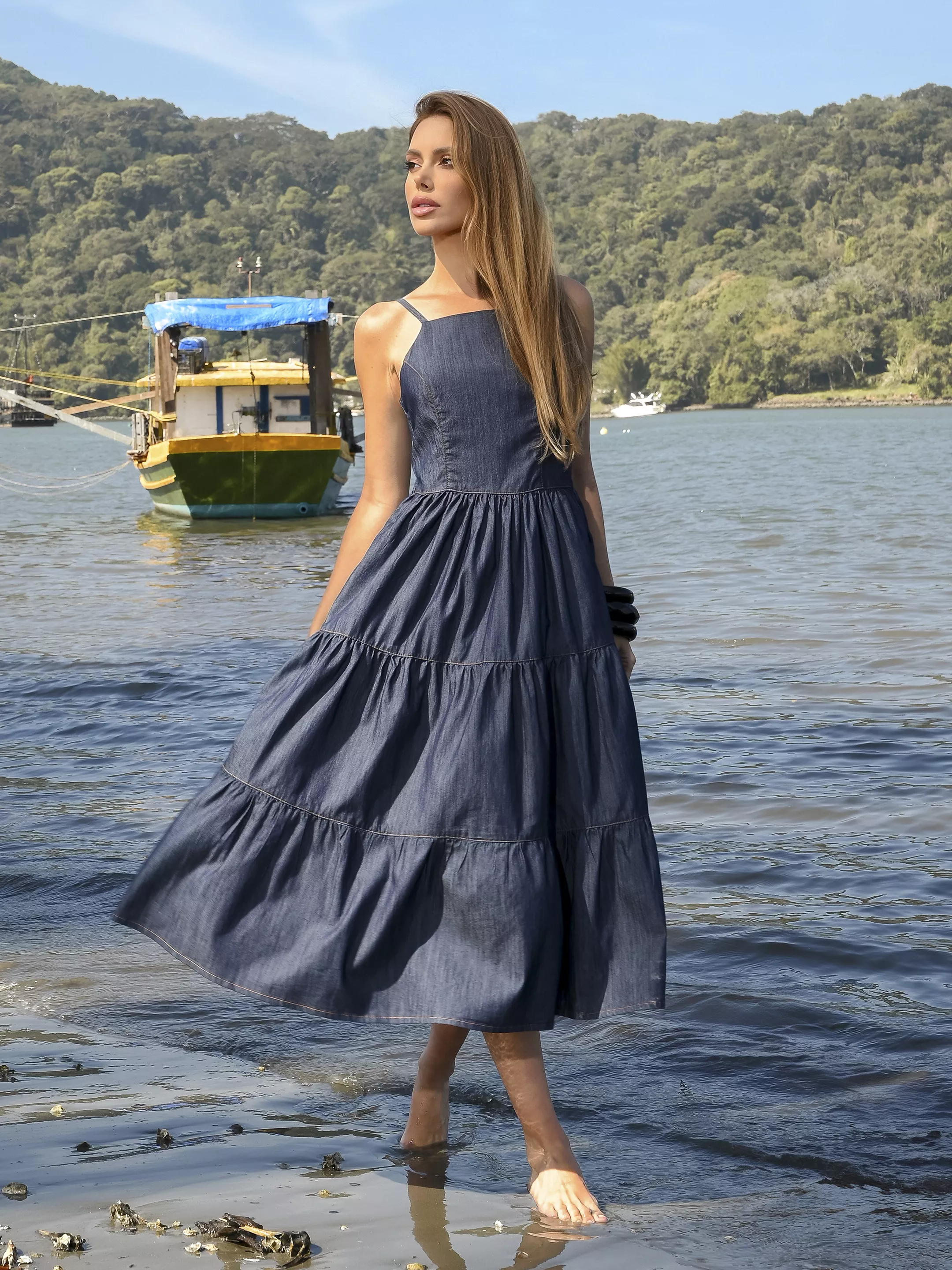 Vestido midi babados - 7001/01 - SIENA JEANS 