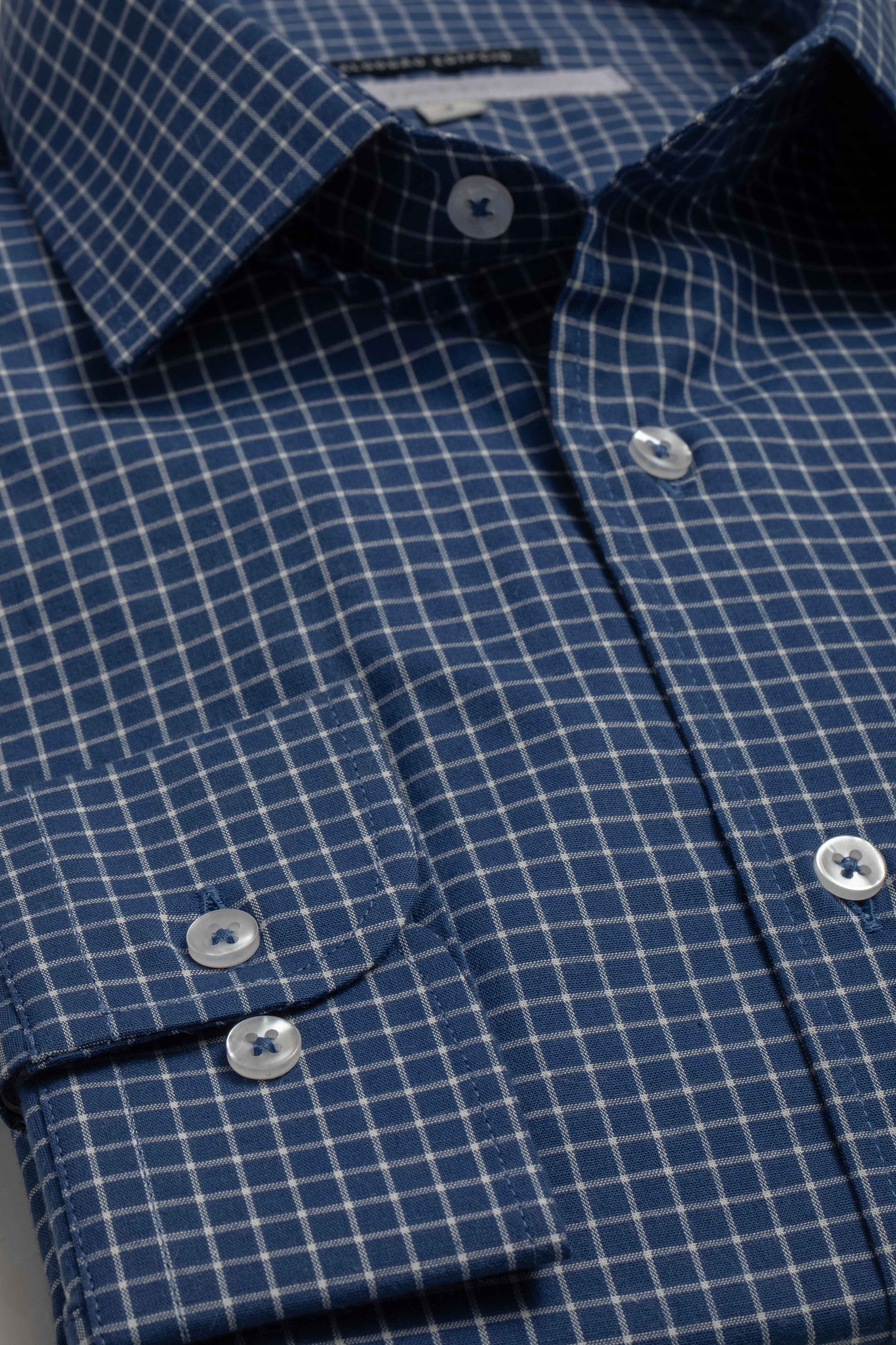 Camisa Manga Longa Slim fit Quadriculada Azul