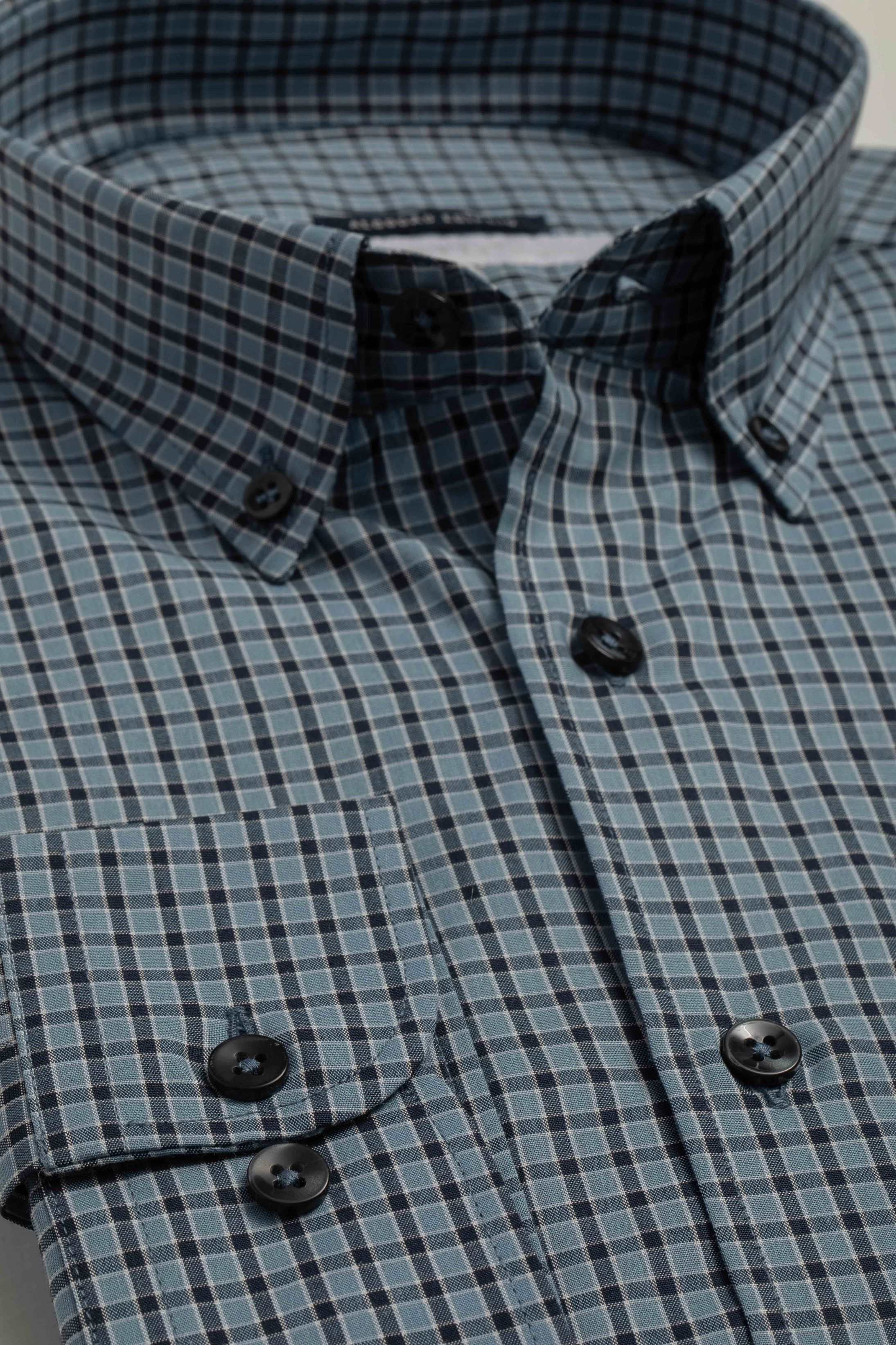 Camisa Manga Longa Regular Azul Quadriculado Preto