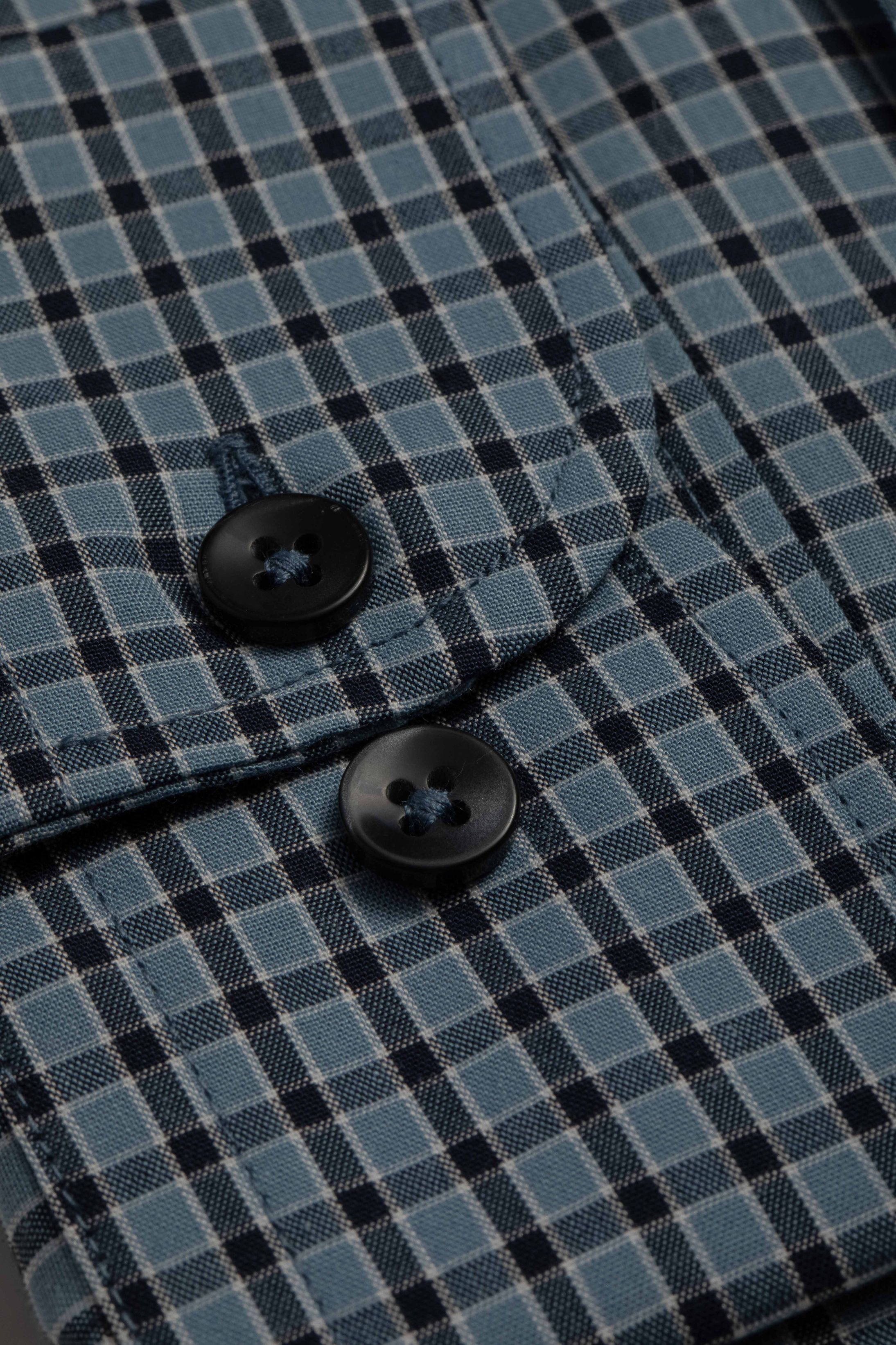 Camisa Manga Longa Regular Azul Quadriculado Preto
