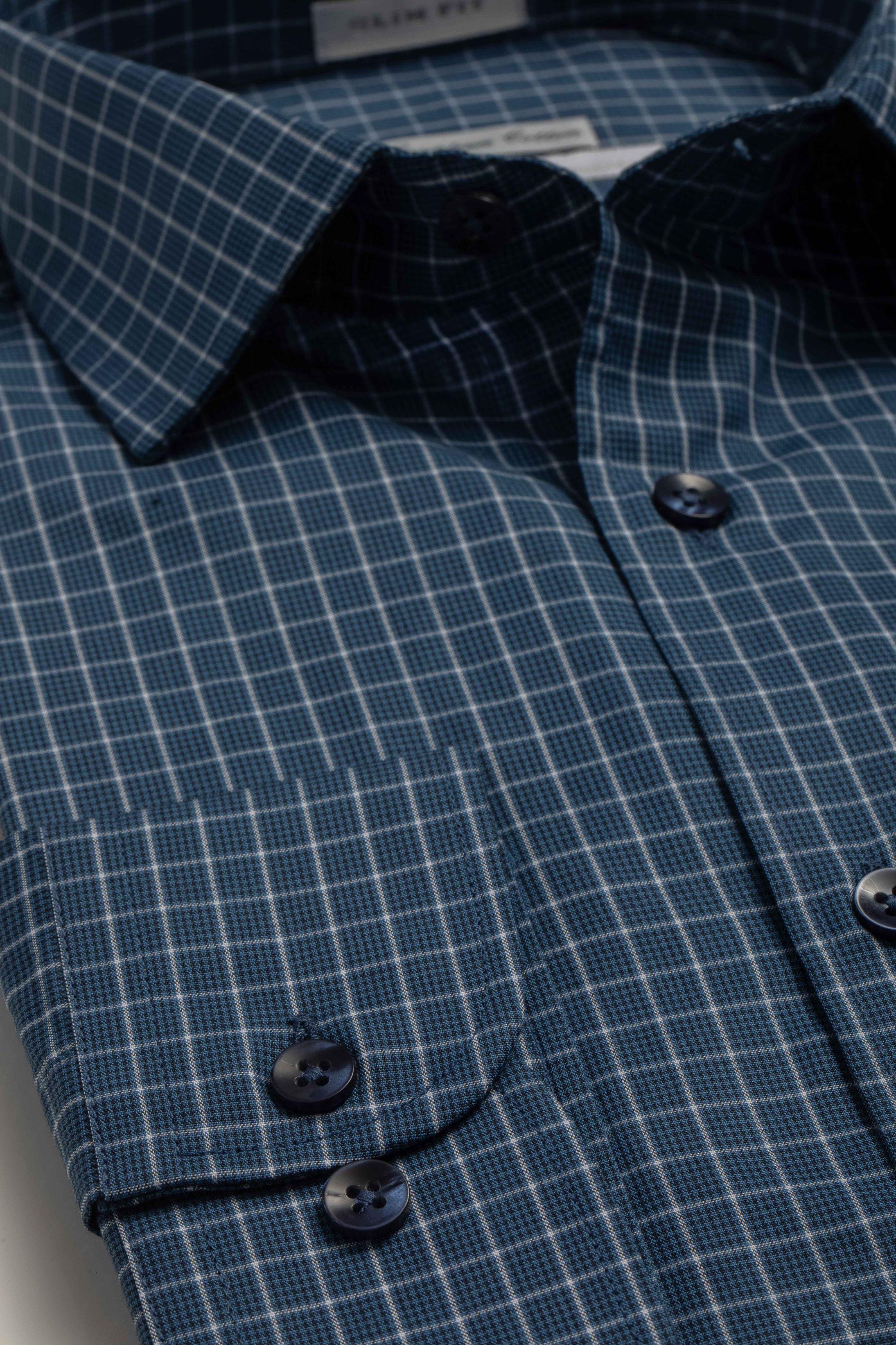 Camisa Manga Longa Slim fit Quadriculdo Marinho