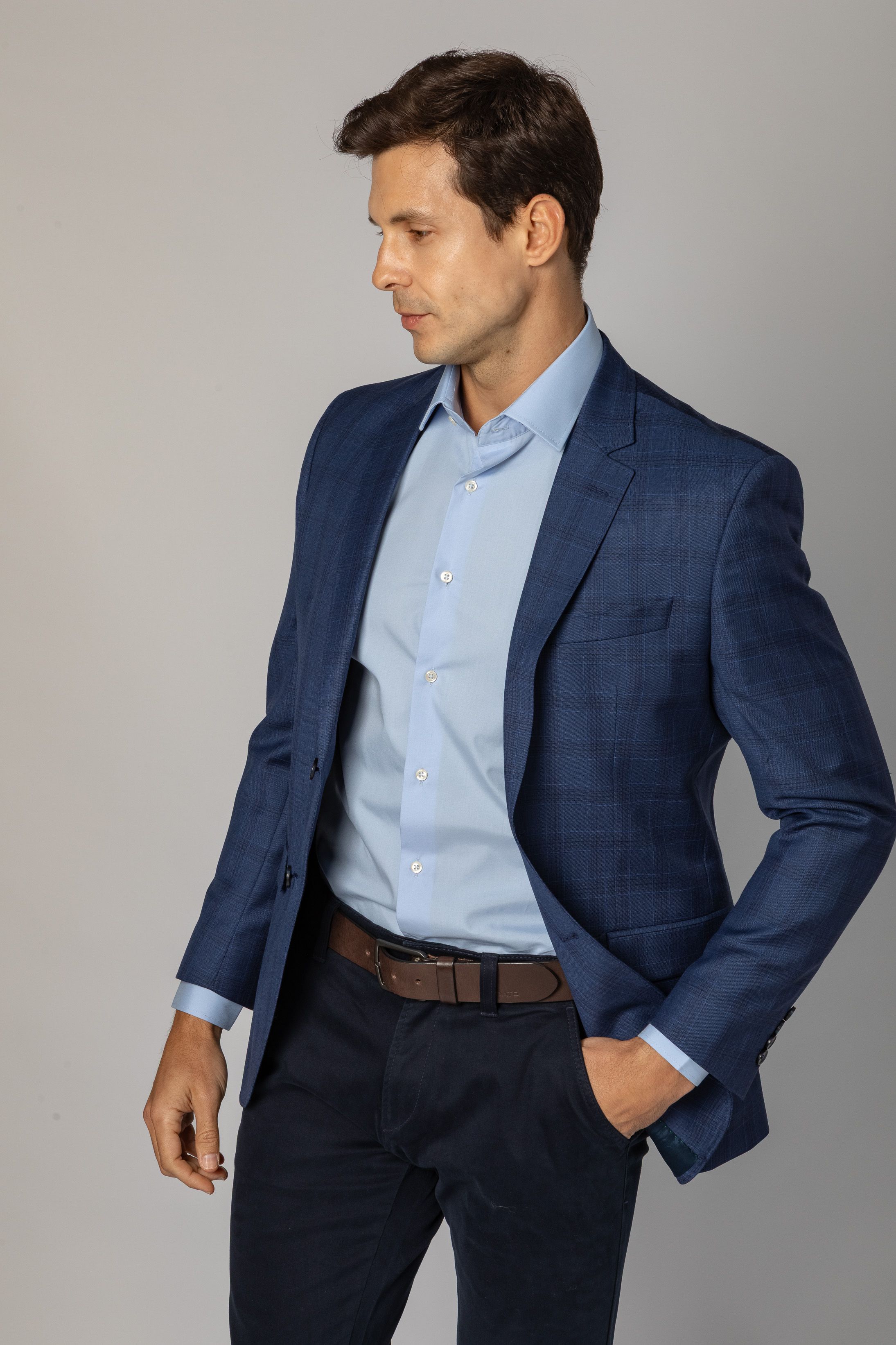 Blazer Slim Super 120 Window Pane Azul Médio 