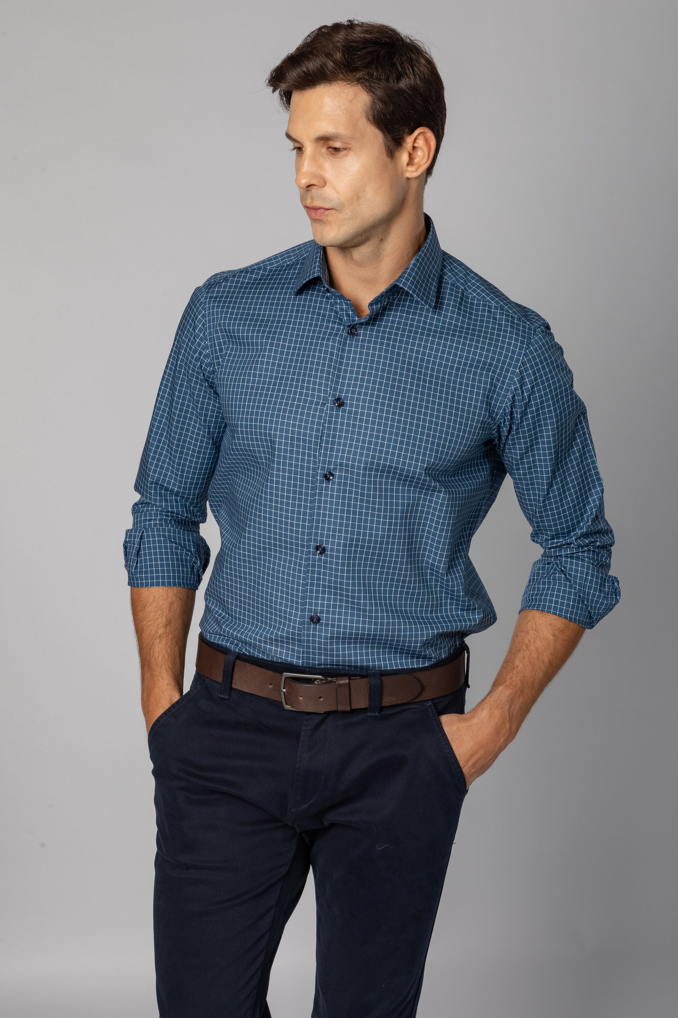 Camisa Manga Longa Slim fit Quadriculdo Marinho