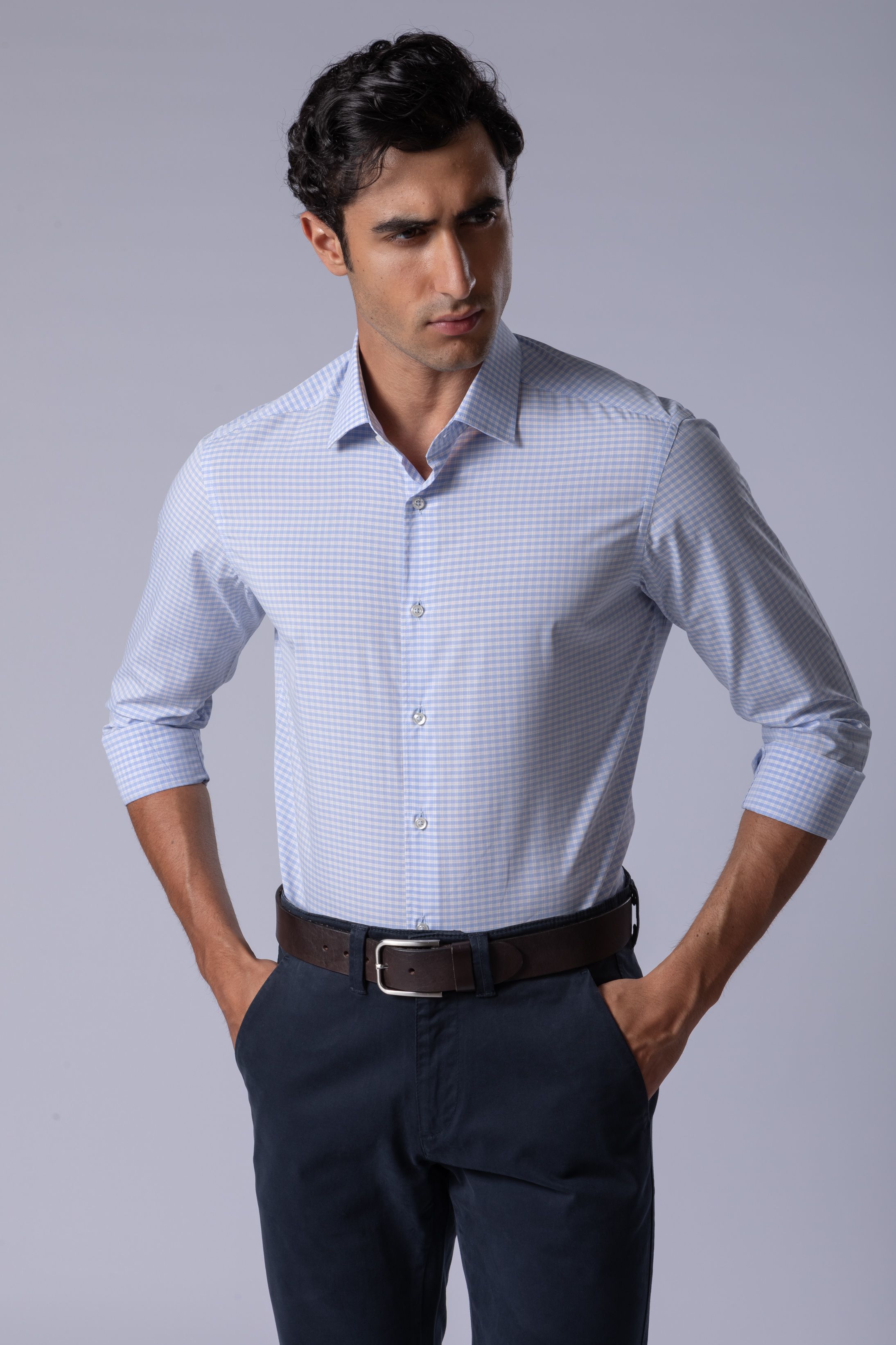 Camisa Manga Longa Slim fit Azul quadriculado 