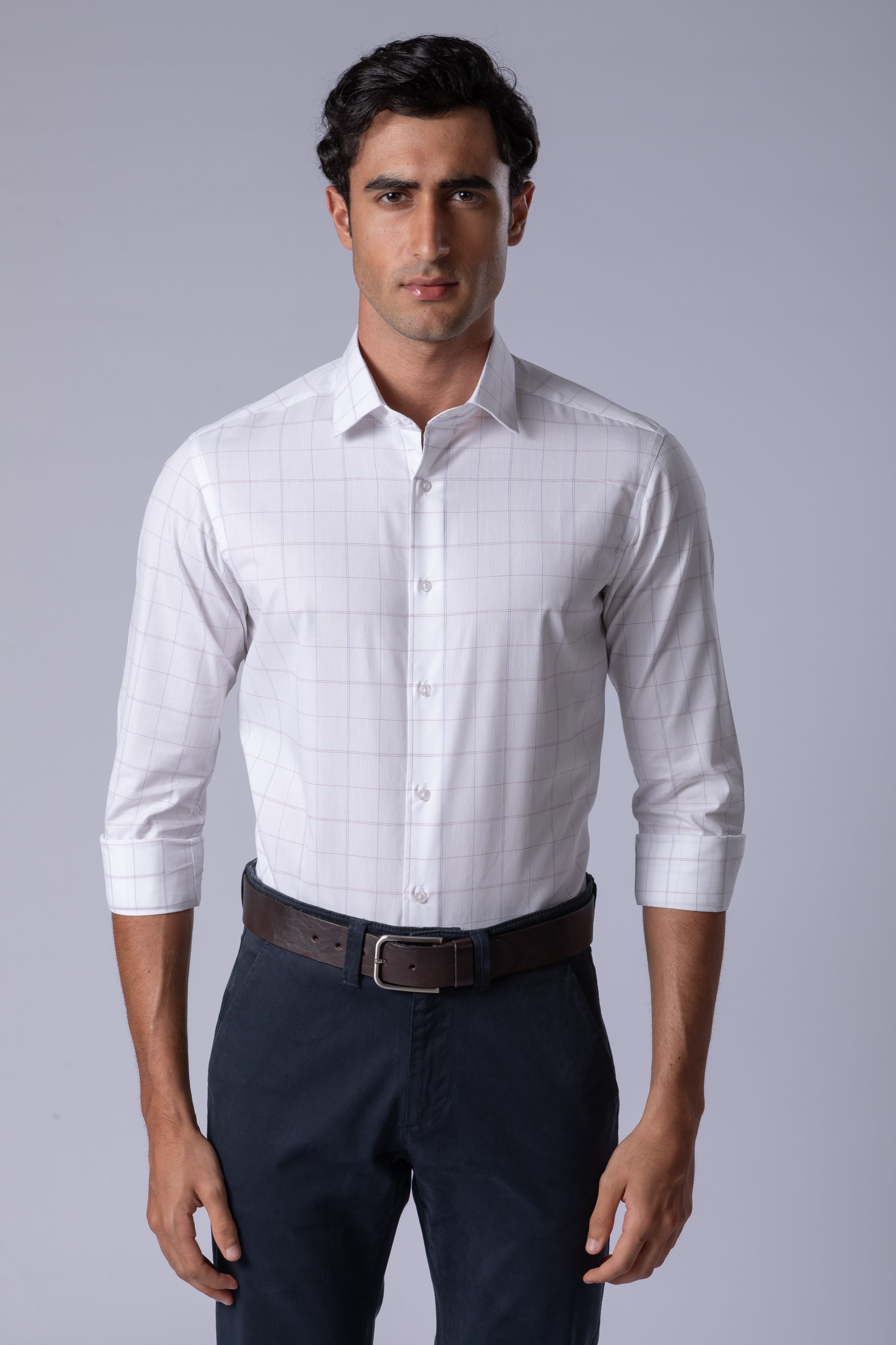 Camisa Manga Longa Slim fit Branco xadrez vermelho... - Diodato Alfaiataria
