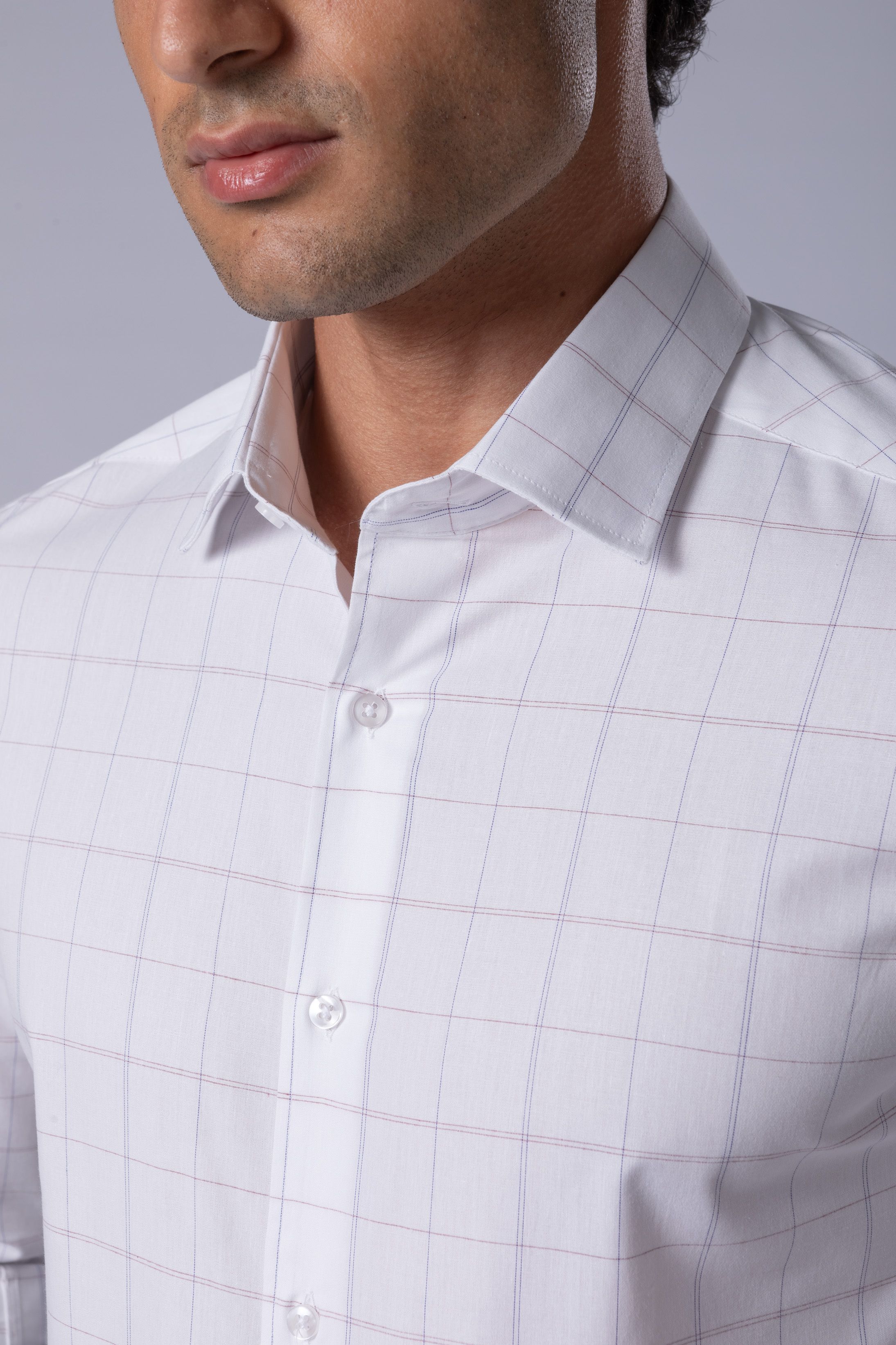 Camisa Manga Longa Slim fit Branco xadrez vermelho/azul