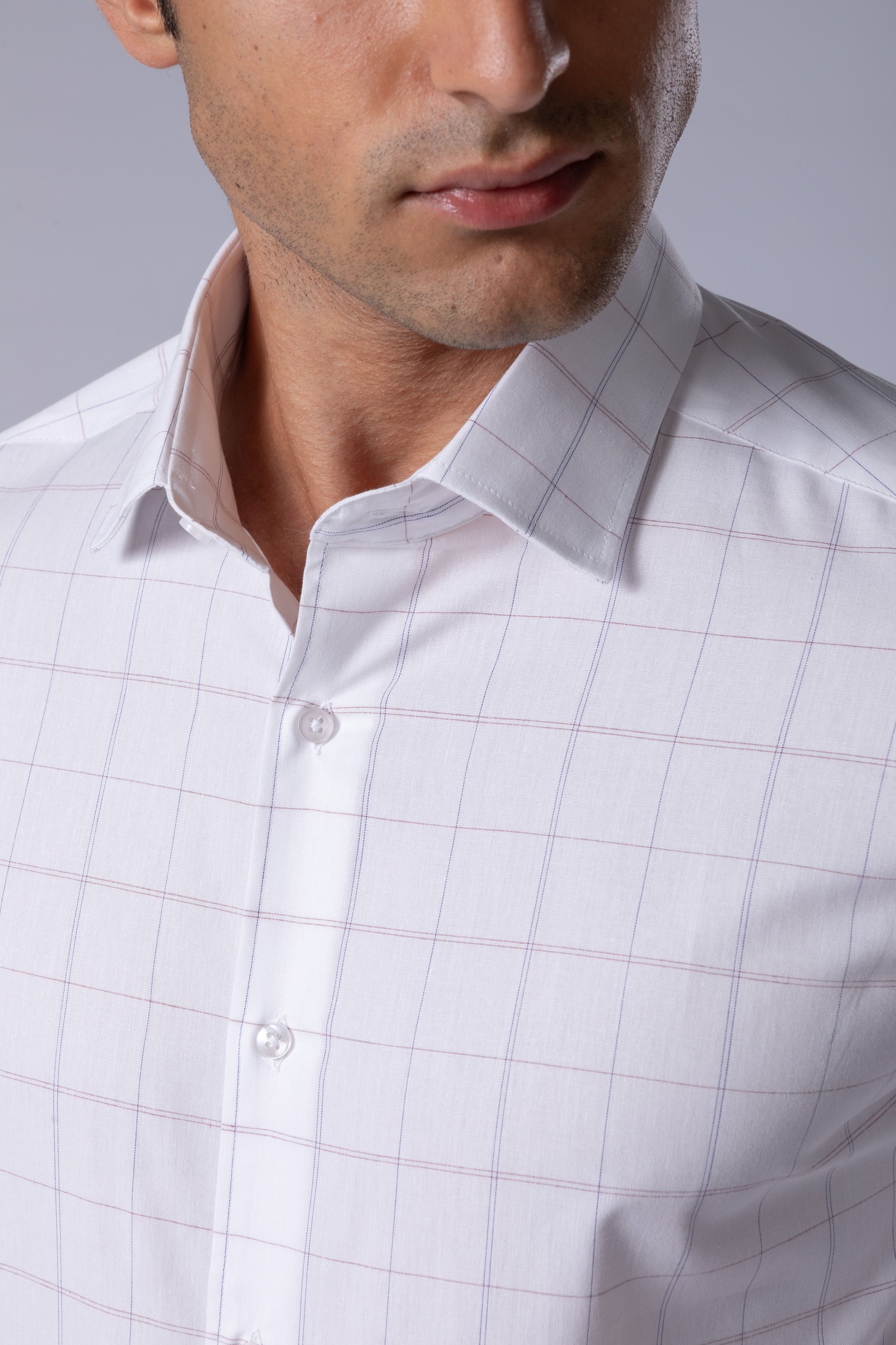 Camisa Manga Longa Slim fit Branco xadrez vermelho/azul