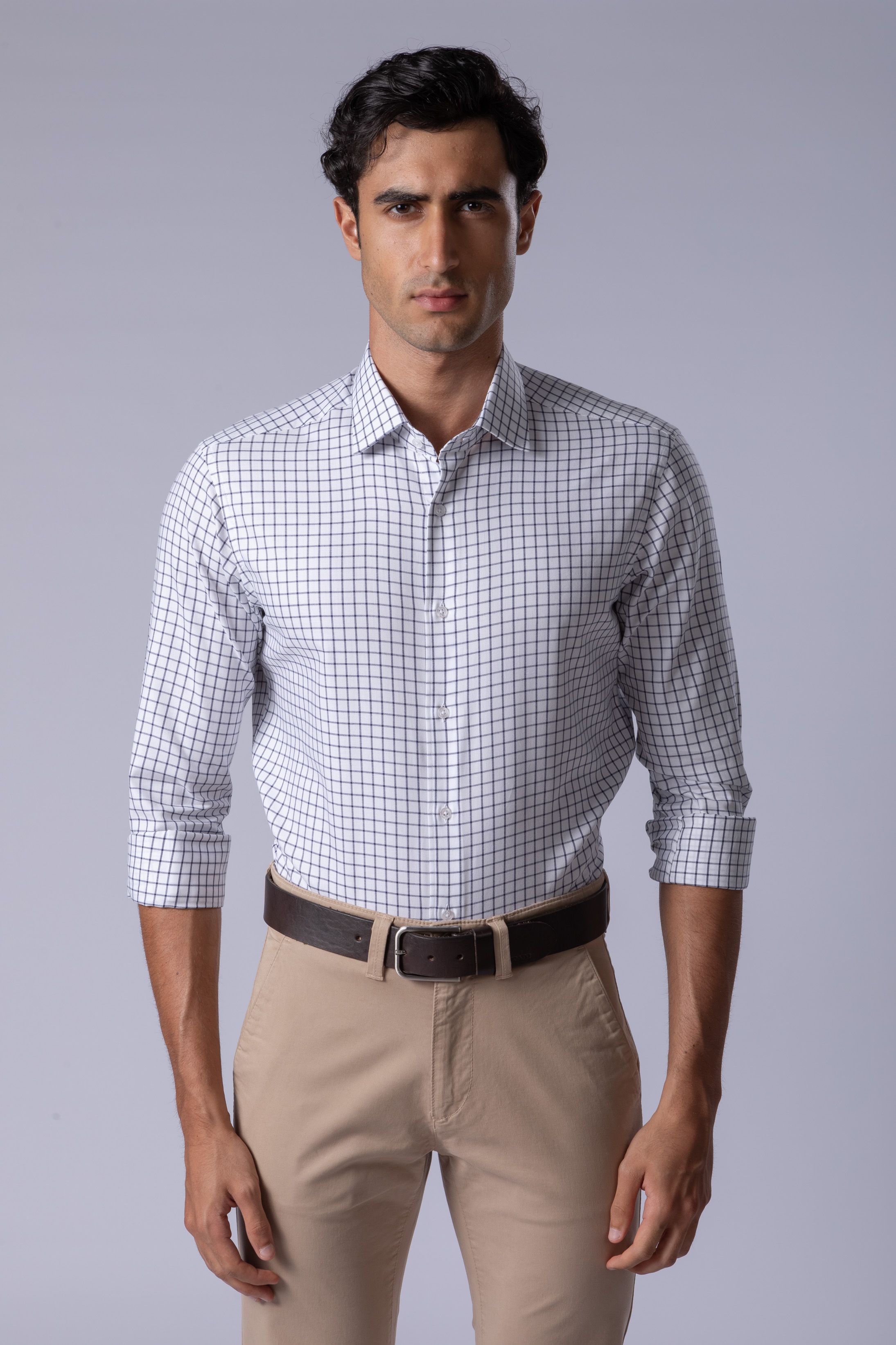 Camisa Manga Longa Slim fit Branco quadriculado ma... - Diodato Alfaiataria