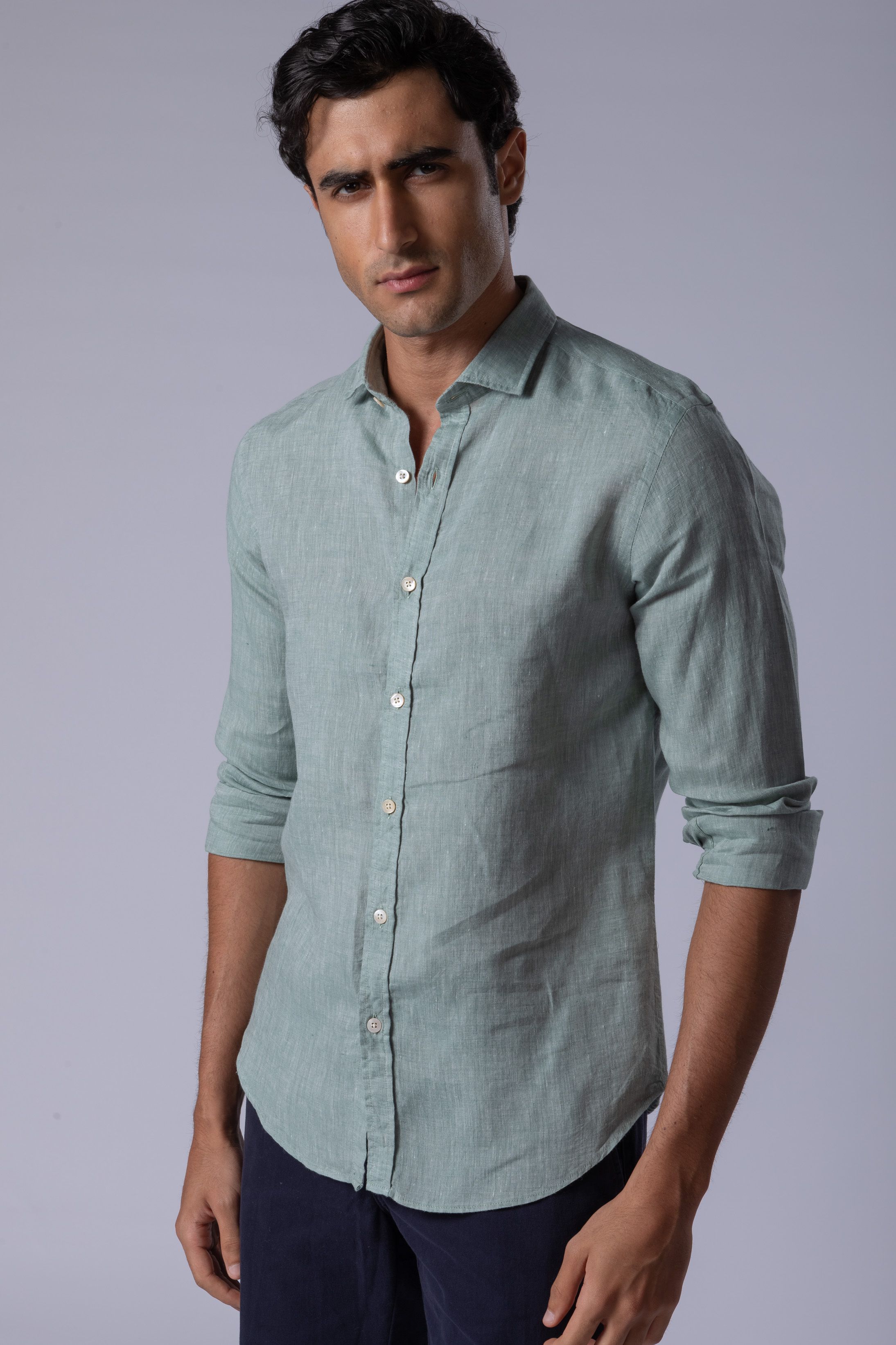 Camisa Manga Longa Slim Fit Linho verde - Diodato Alfaiataria