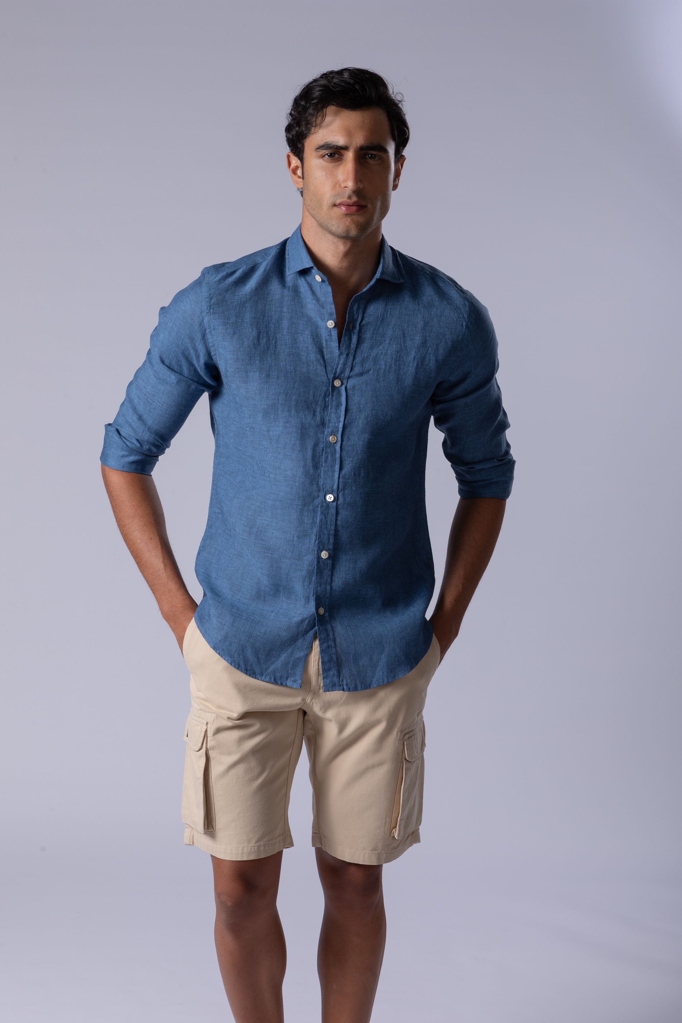Camisa Manga Longa Slim Fit Linho azul jeans - Diodato Alfaiataria