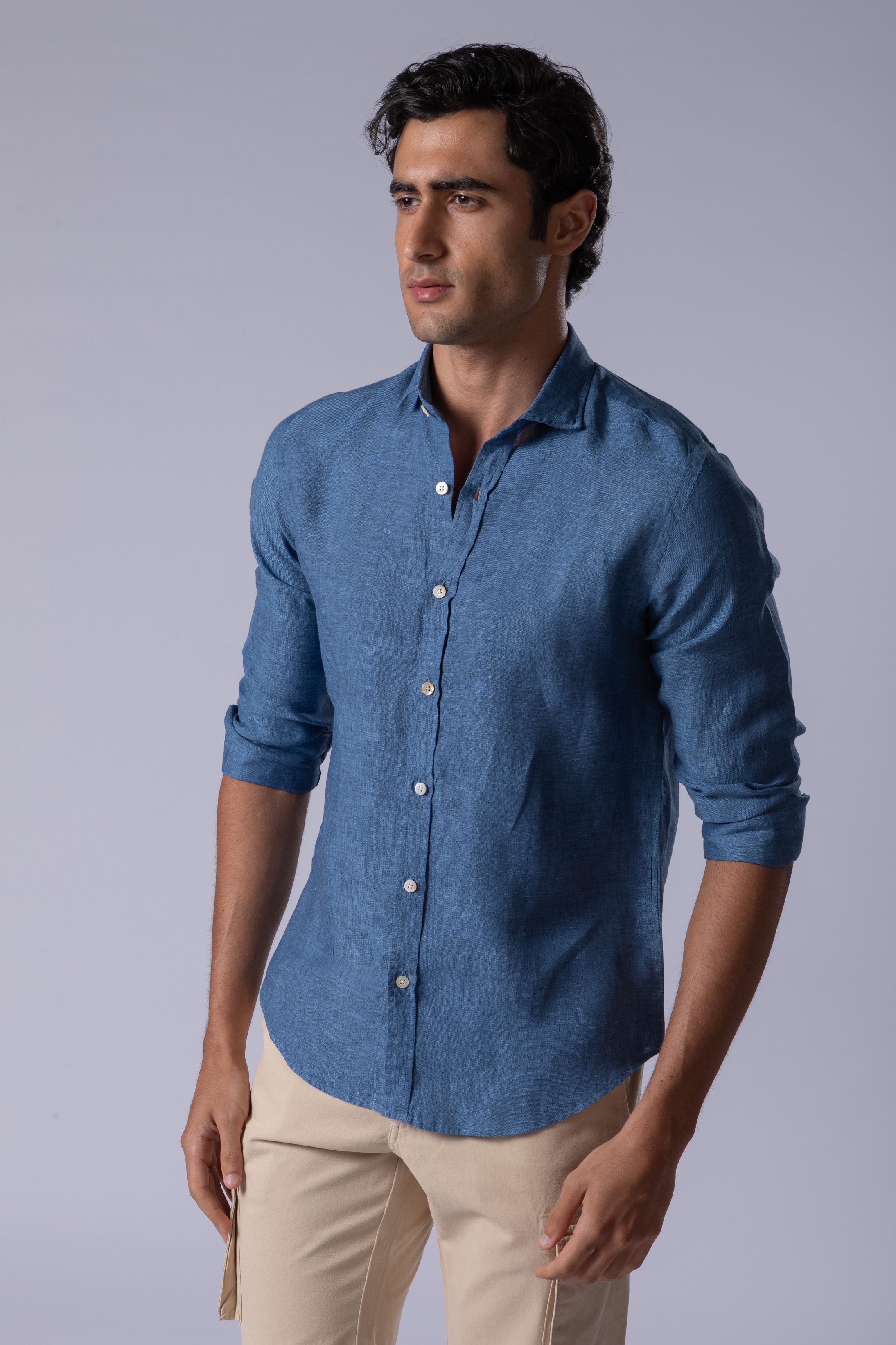 Camisa Manga Longa Regular Linho azul jeans - Diodato Alfaiataria