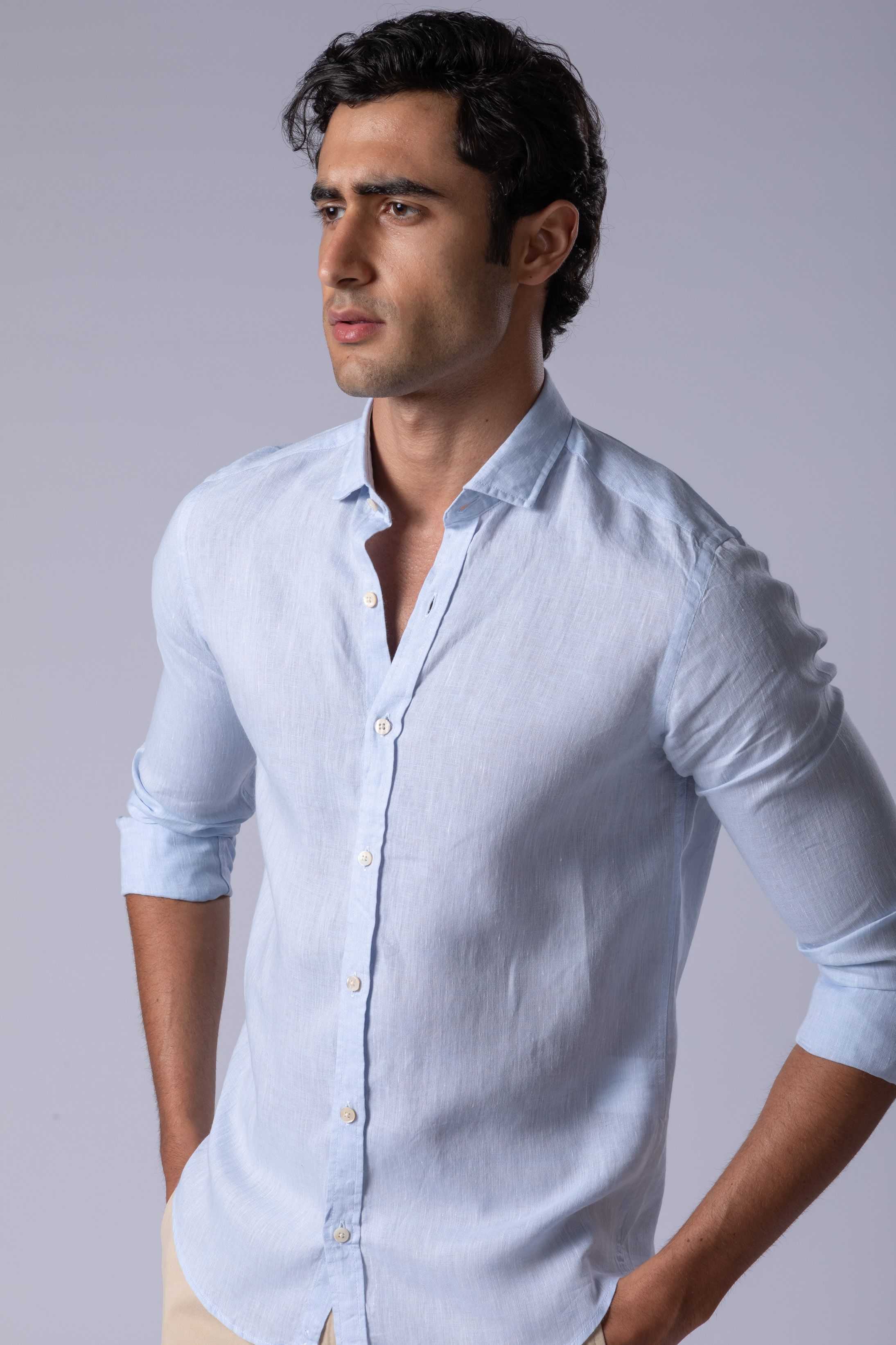 Camisa Manga Longa Slim Fit Linho azul claro - Diodato Alfaiataria