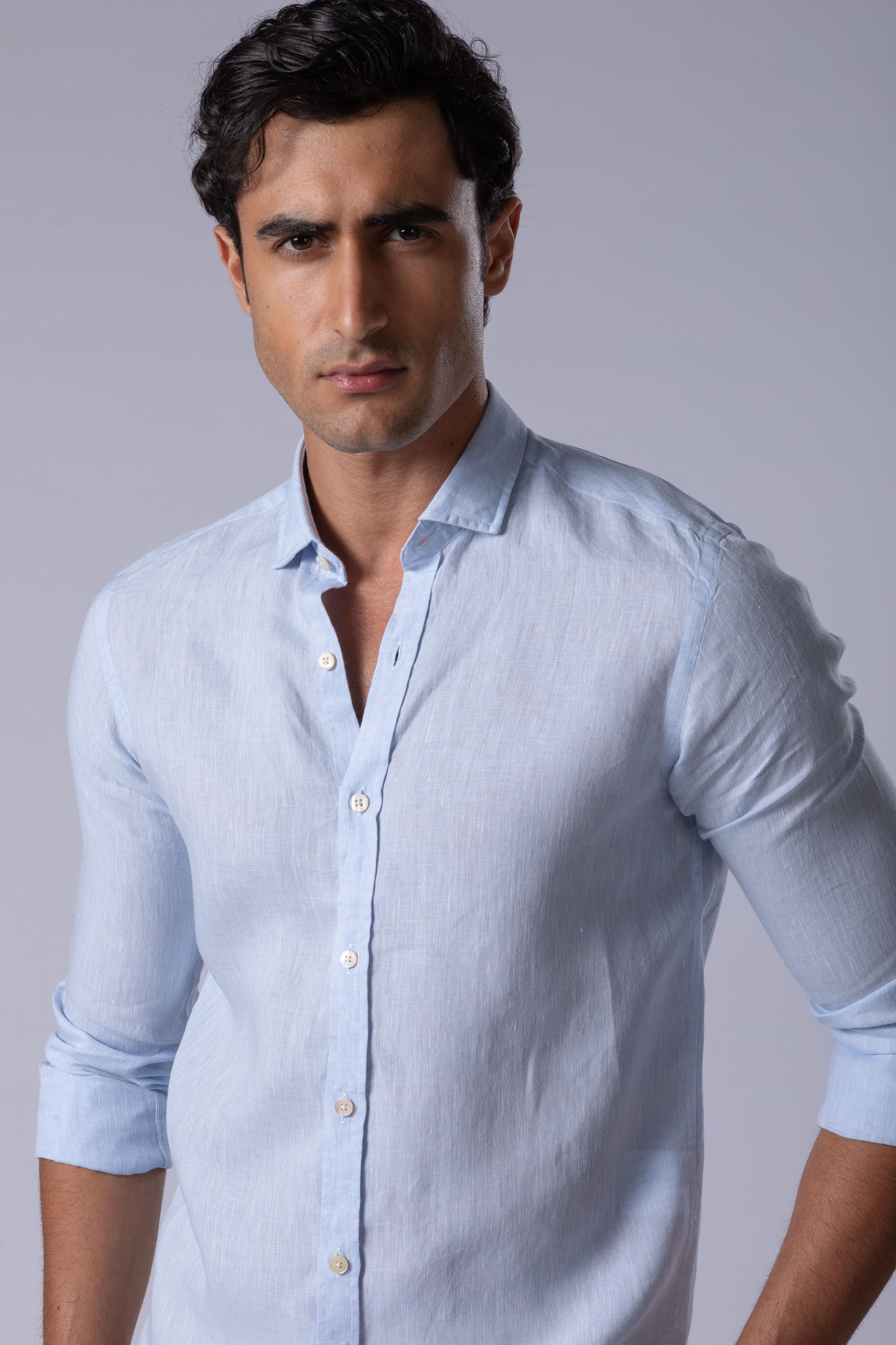 Camisa Manga Longa Regular Linho azul claro - Diodato Alfaiataria