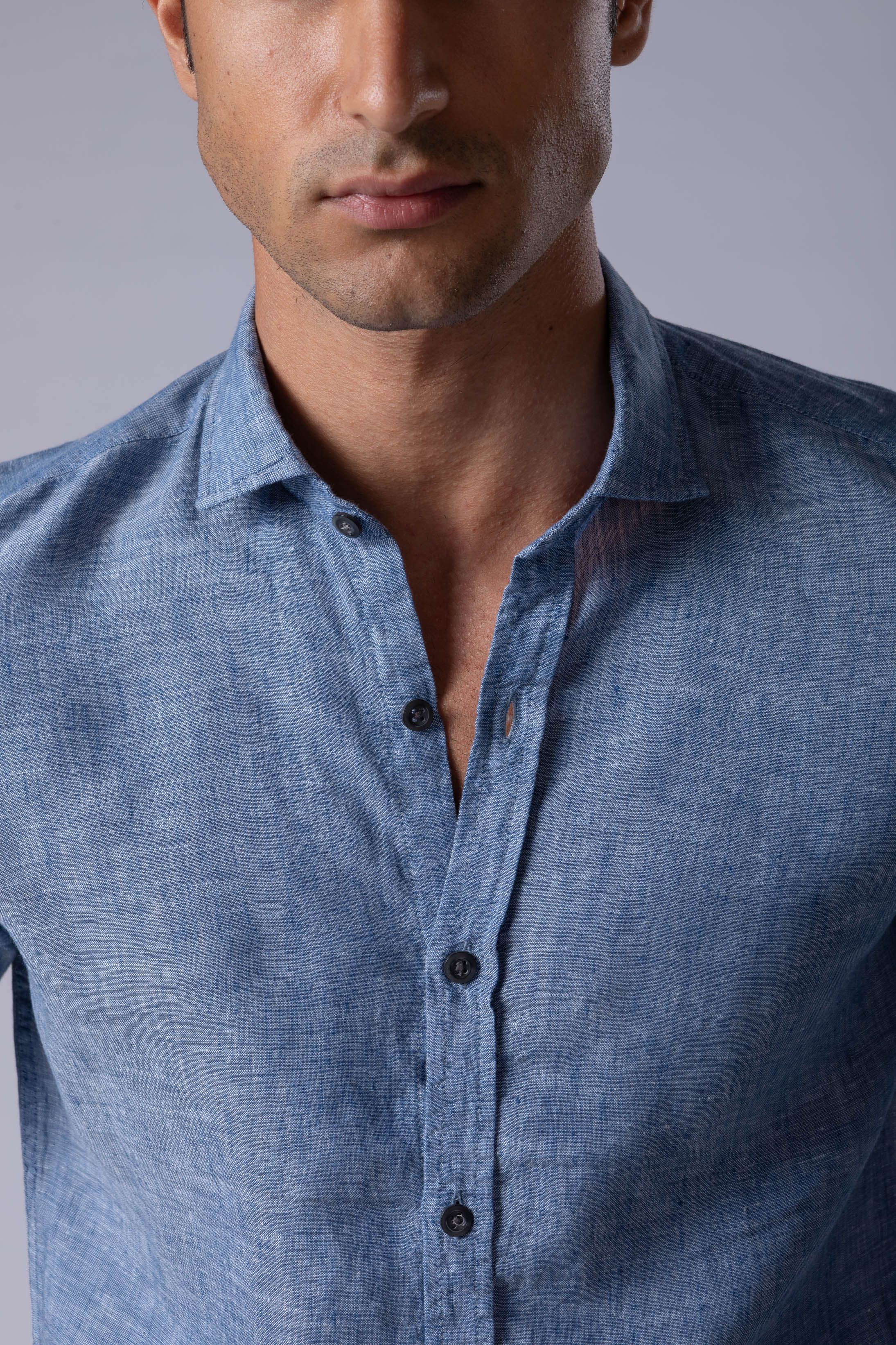 Camisa Manga Longa Slim Fit Linho azul