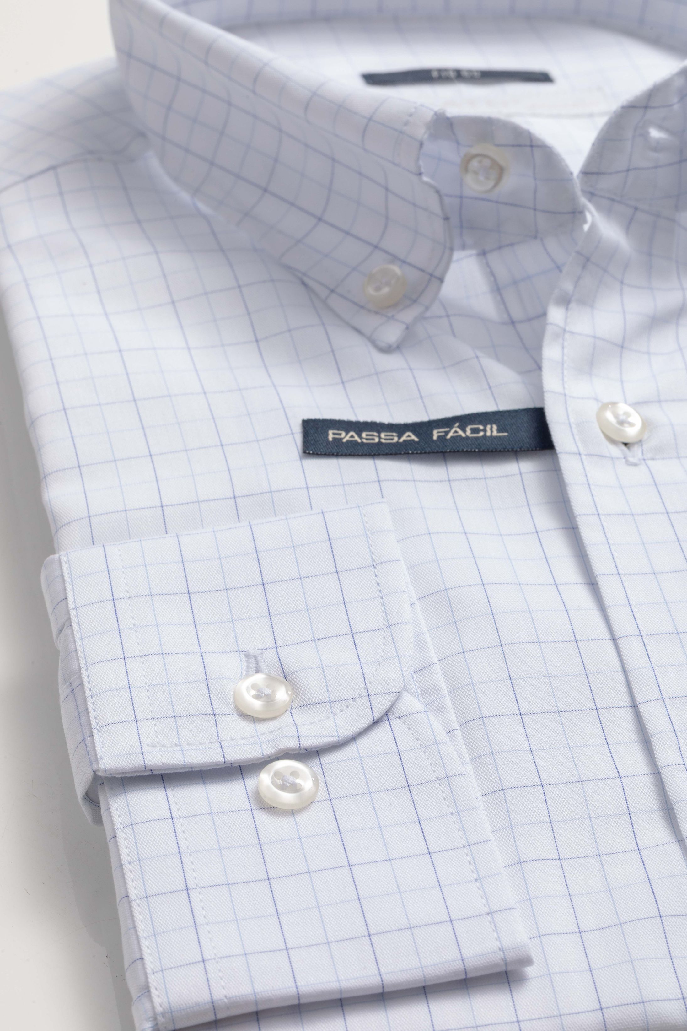 Camisa Manga Longa Regular Branco Quadriculado Azu... - Diodato Alfaiataria