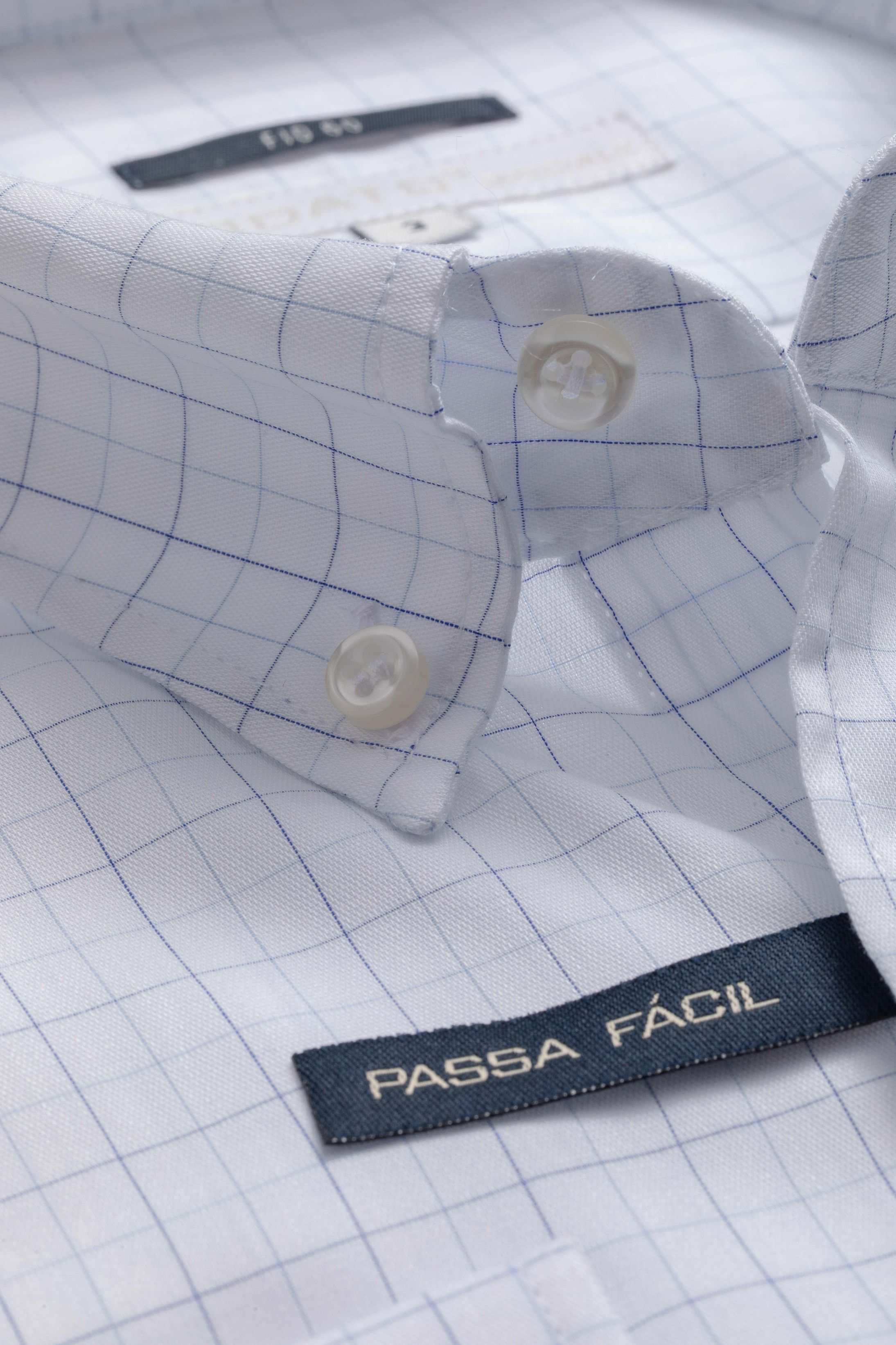 Camisa Manga Longa Regular Branco Quadriculado Azul 