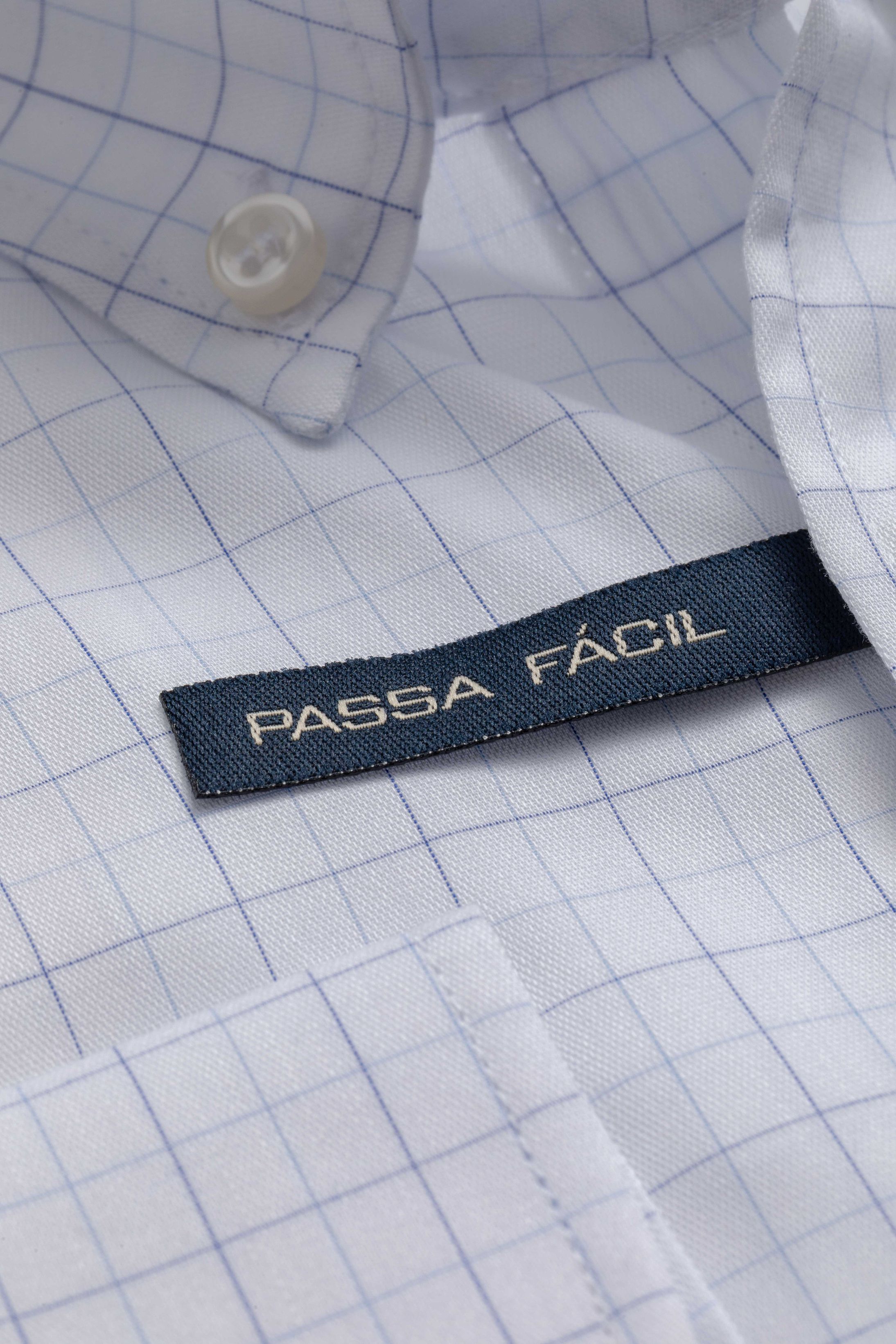 Camisa Manga Longa Regular Branco Quadriculado Azul 