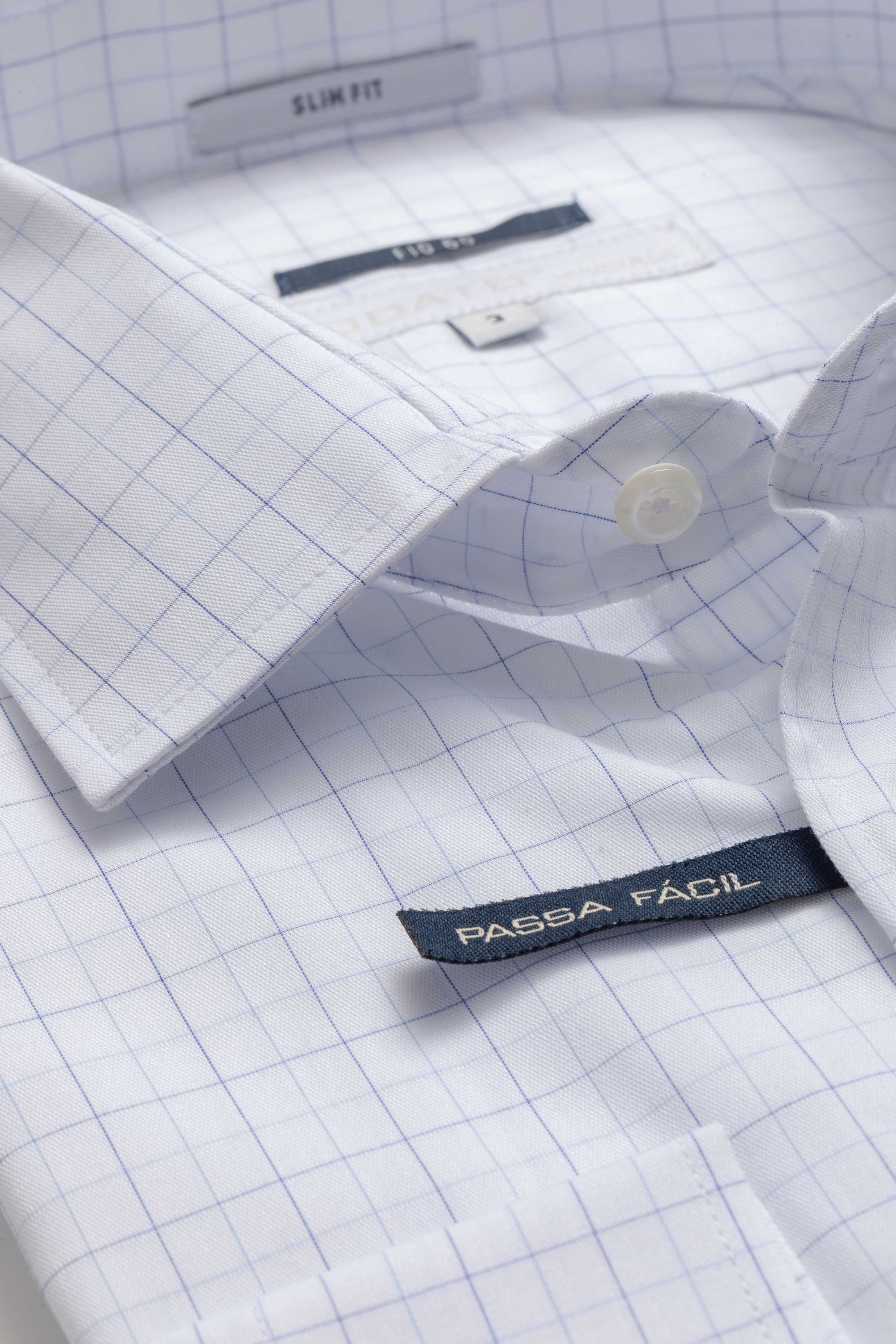 Camisa Manga Longa Slim fit Branco quadriculado Azul