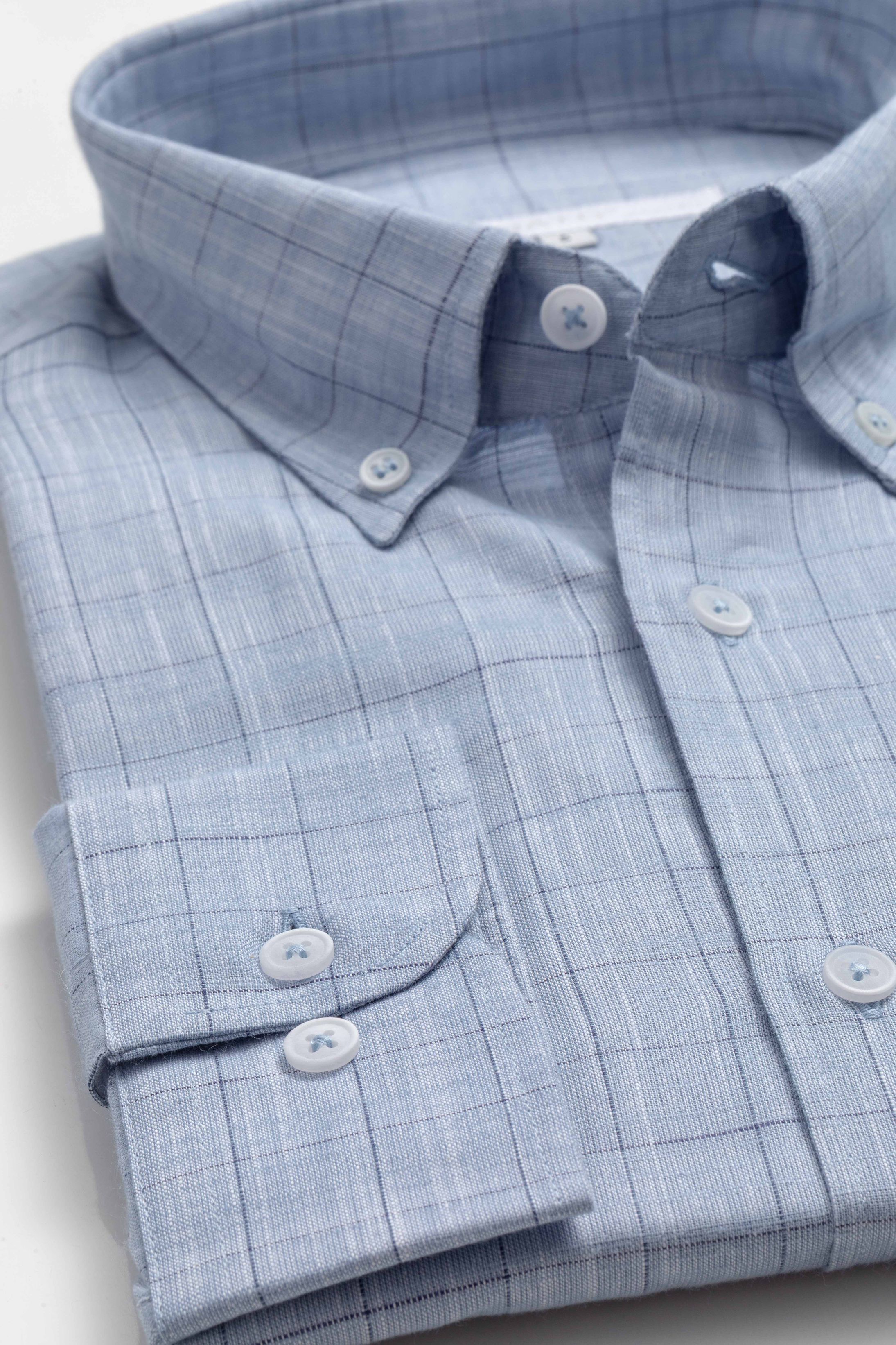 Camisa Manga Longa Regular Quadriculado Azul Claro