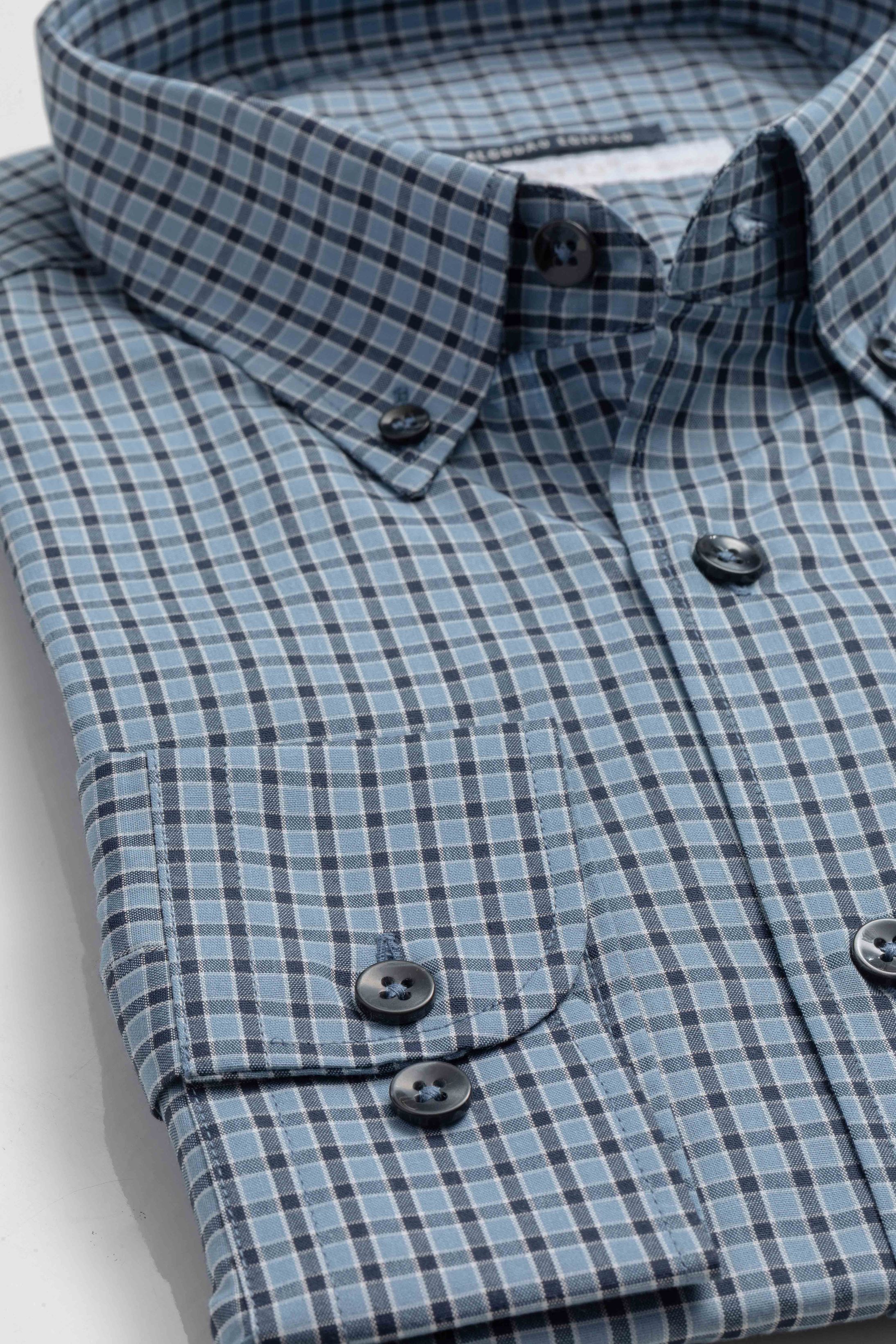 Camisa Manga Longa Regular Azul Quadriculado Preto - Diodato Alfaiataria