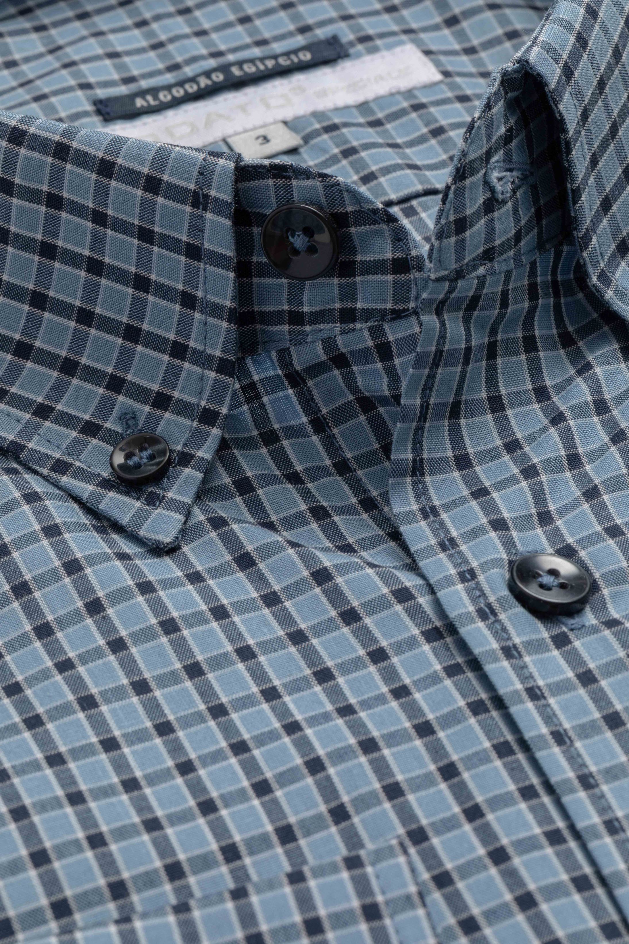 Camisa Manga Longa Regular Azul Quadriculado Preto