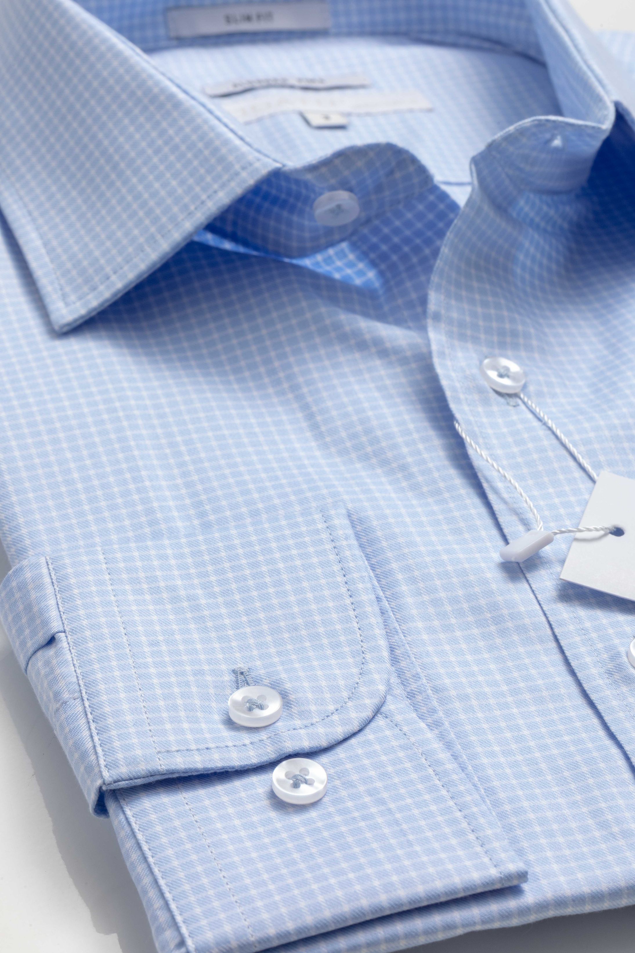 Camisa Manga Longa Slim fit Pima Cotton Azul Quadr... - Diodato Alfaiataria