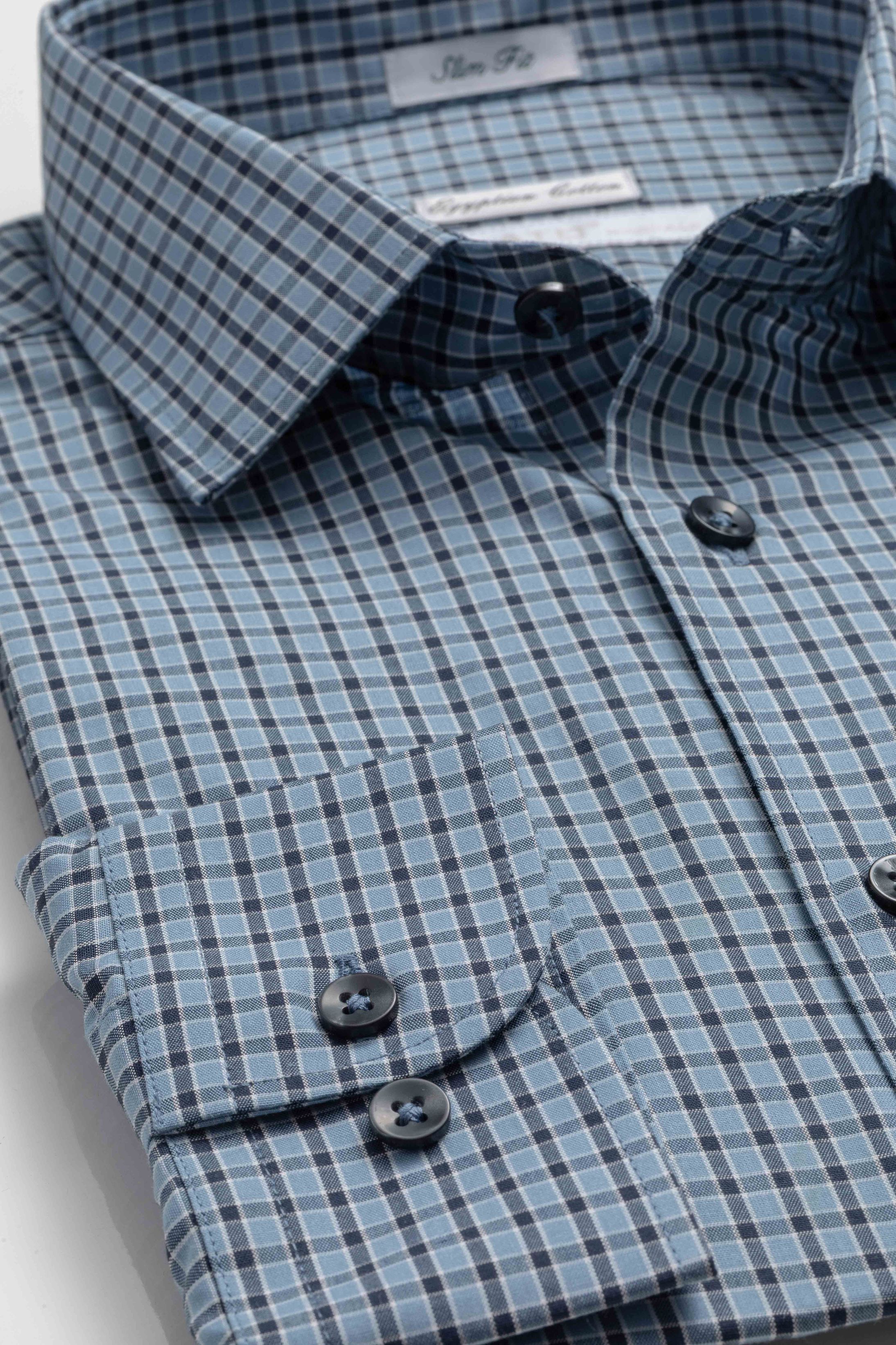 Camisa Manga Longa Slim fit Azul Quadriculado Mari... - Diodato Alfaiataria