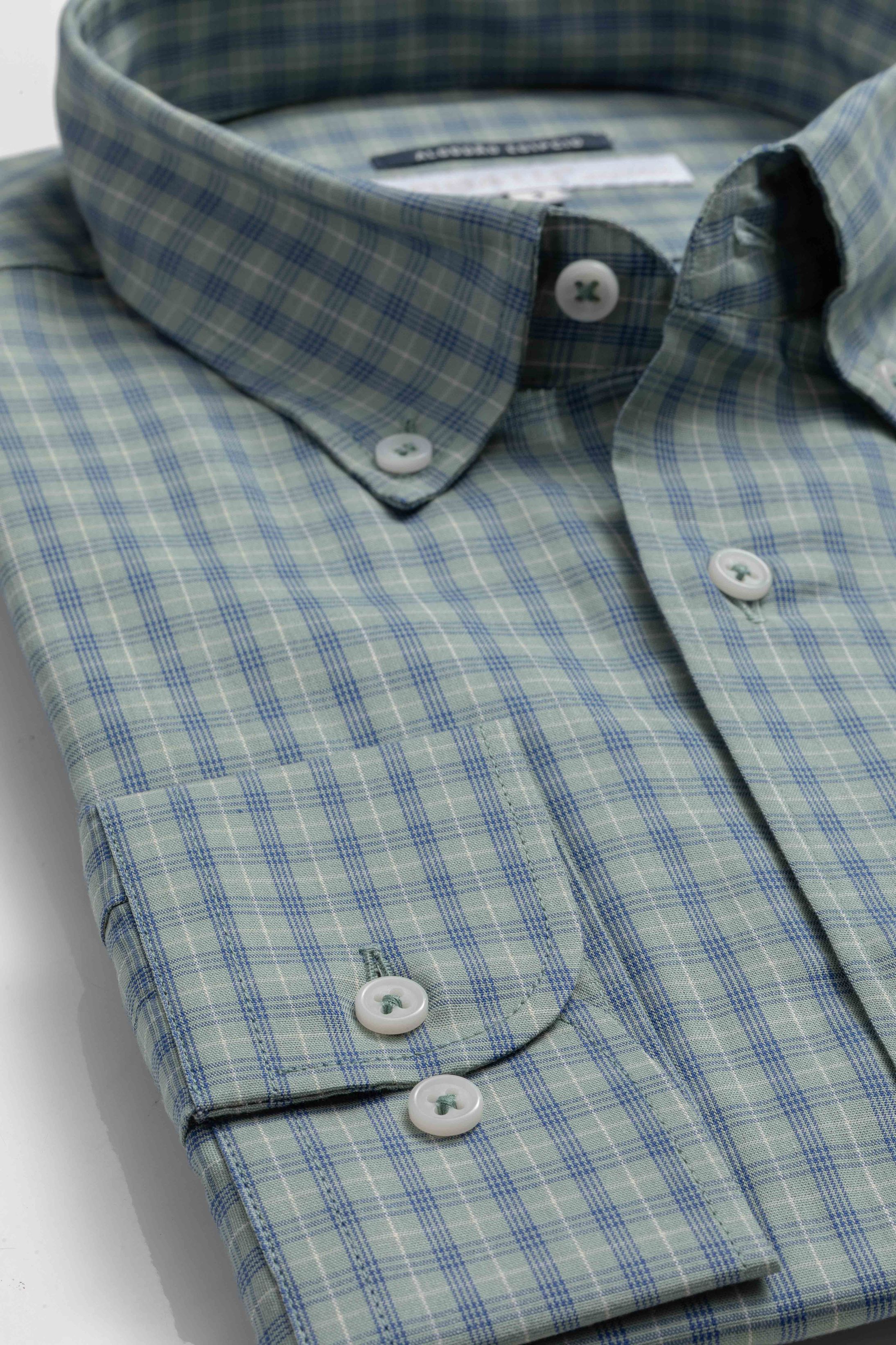 Camisa Manga Longa Regular Verde Xadrez Azul