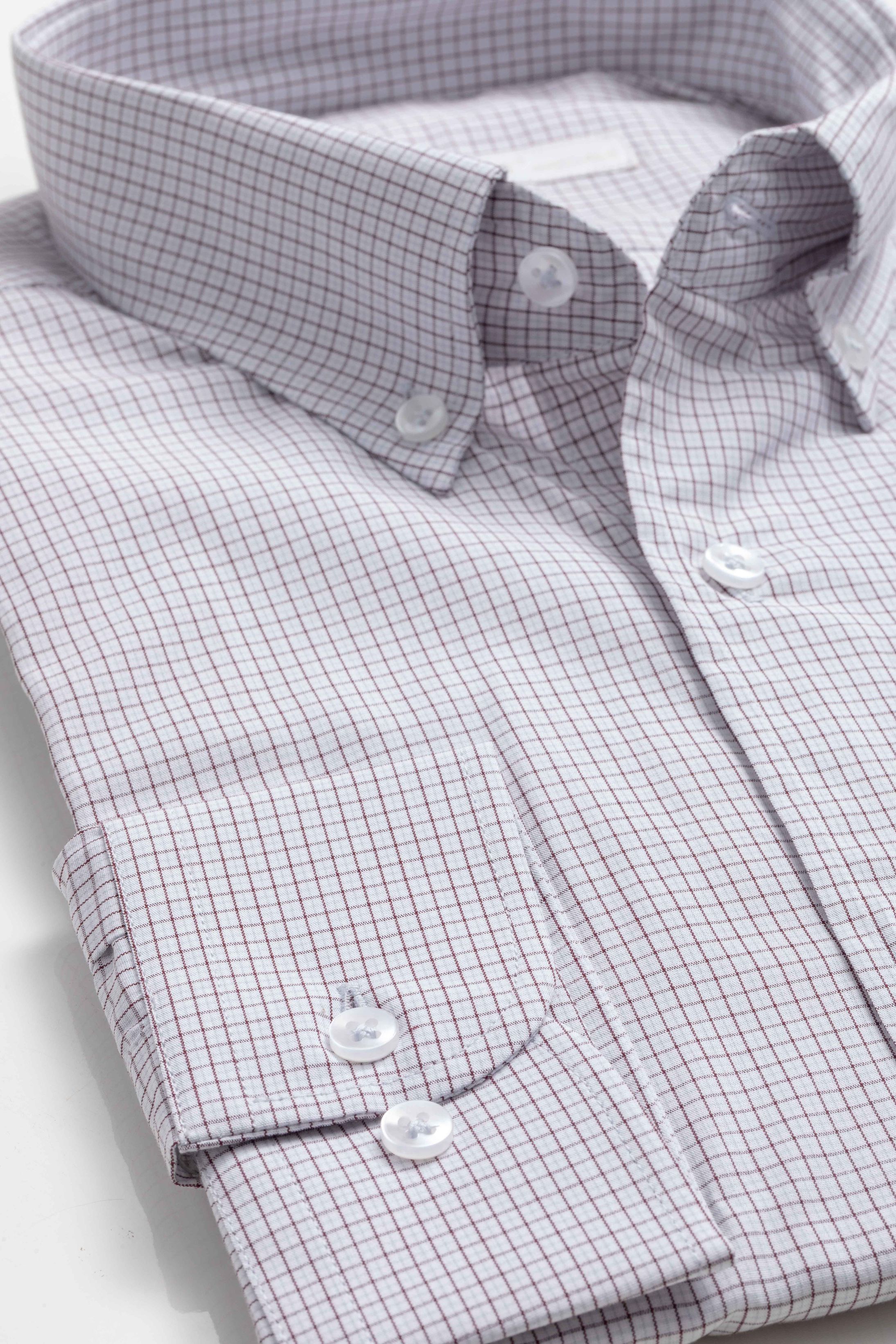 Camisa Manga Longa Regular Branco Quadriculado Marrom