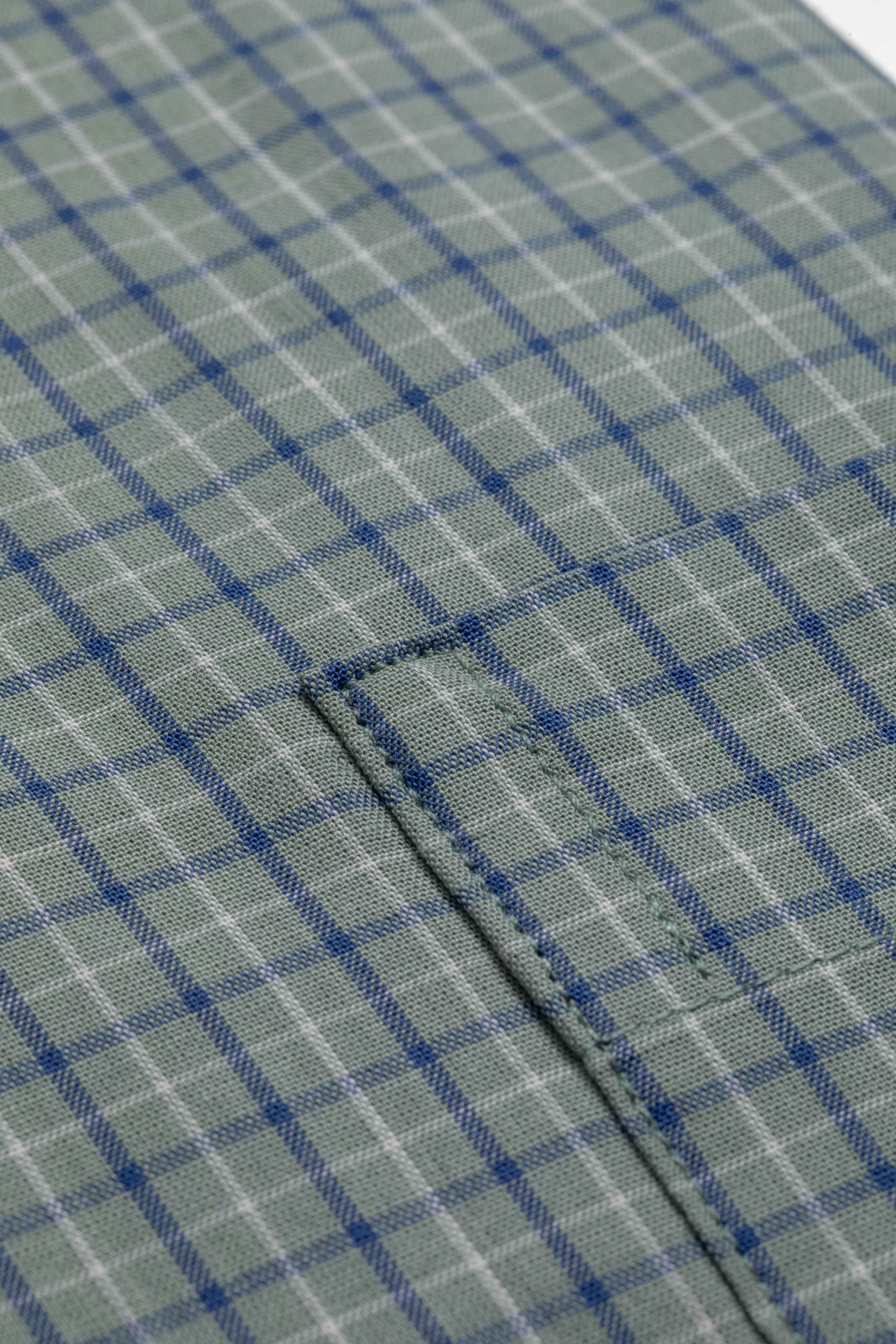 Camisa Manga Longa Regular Verde Quadriculado Azul