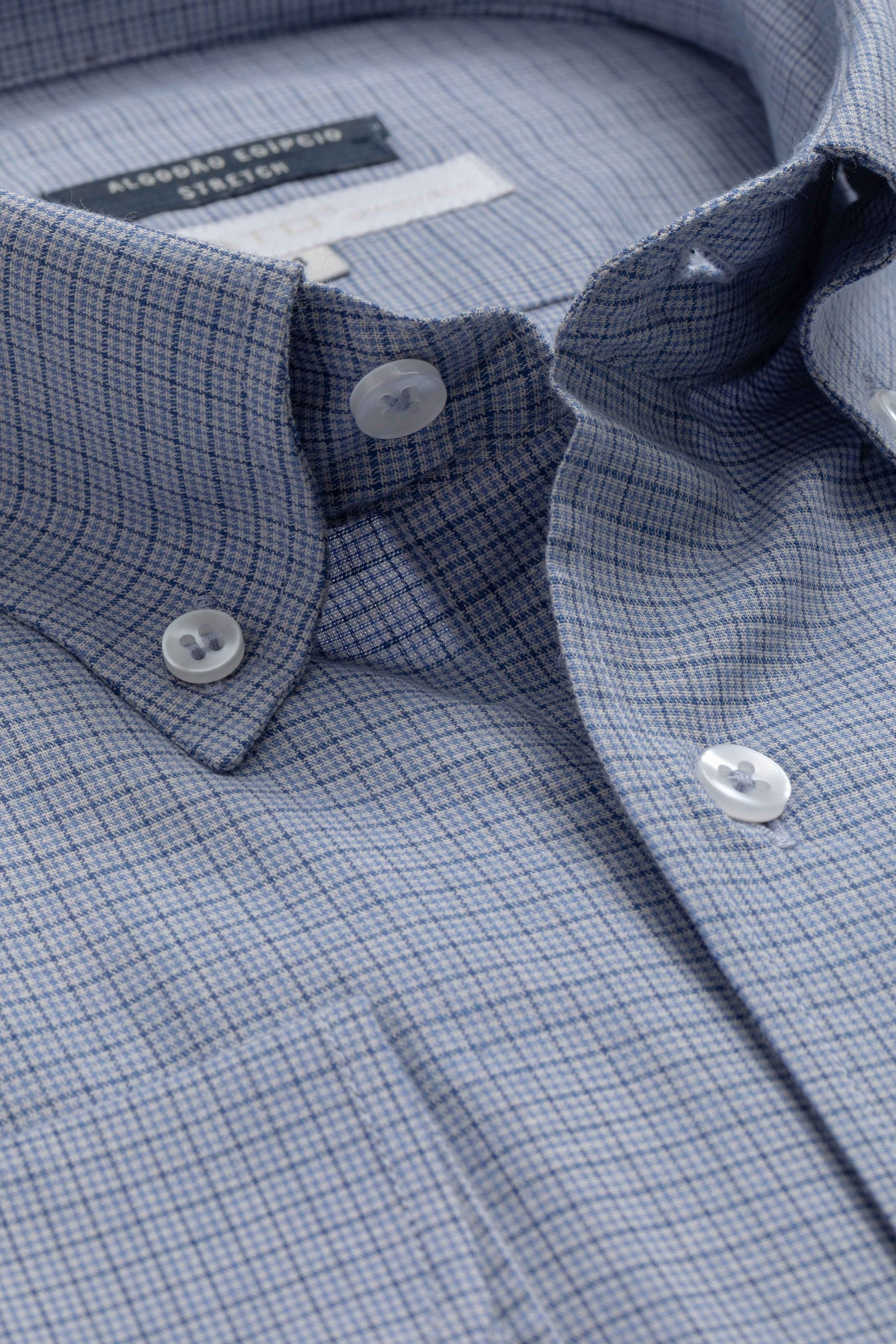 Camisa Manga Longa Regular Azul Quadriculado