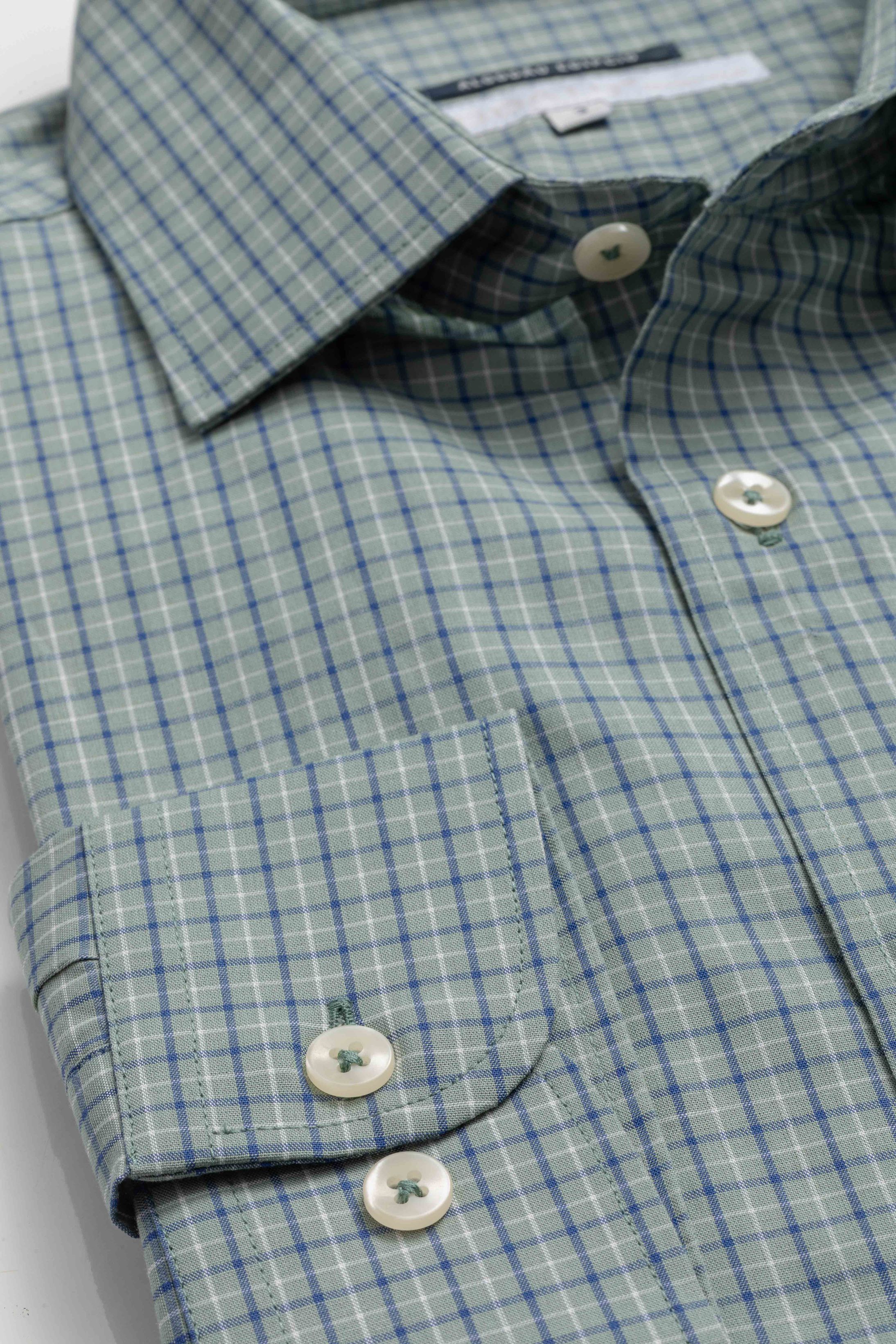 Camisa Manga Longa Slim fit Verde Quadriculado Azul