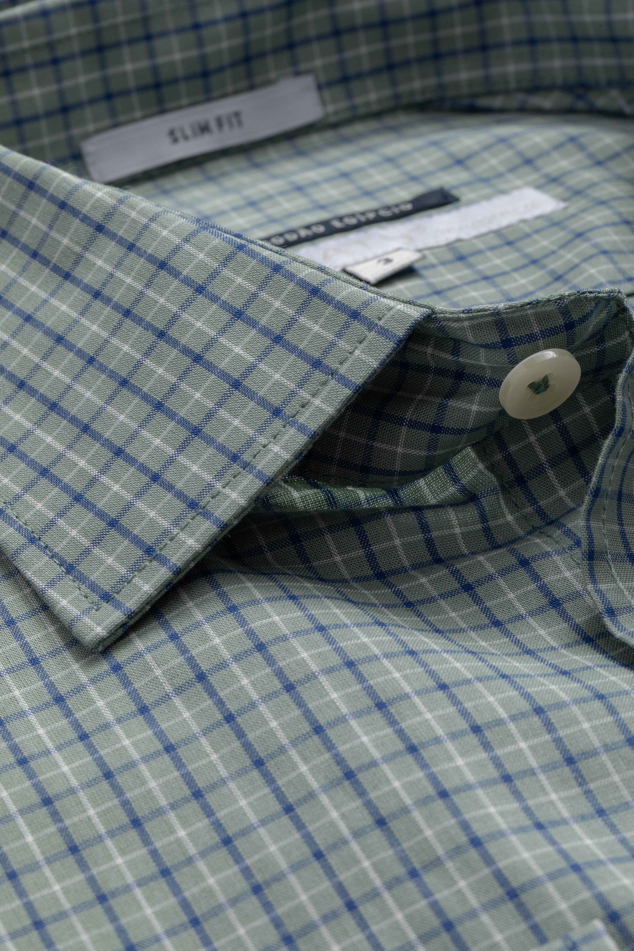 Camisa Manga Longa Slim fit Verde Quadriculado Azul