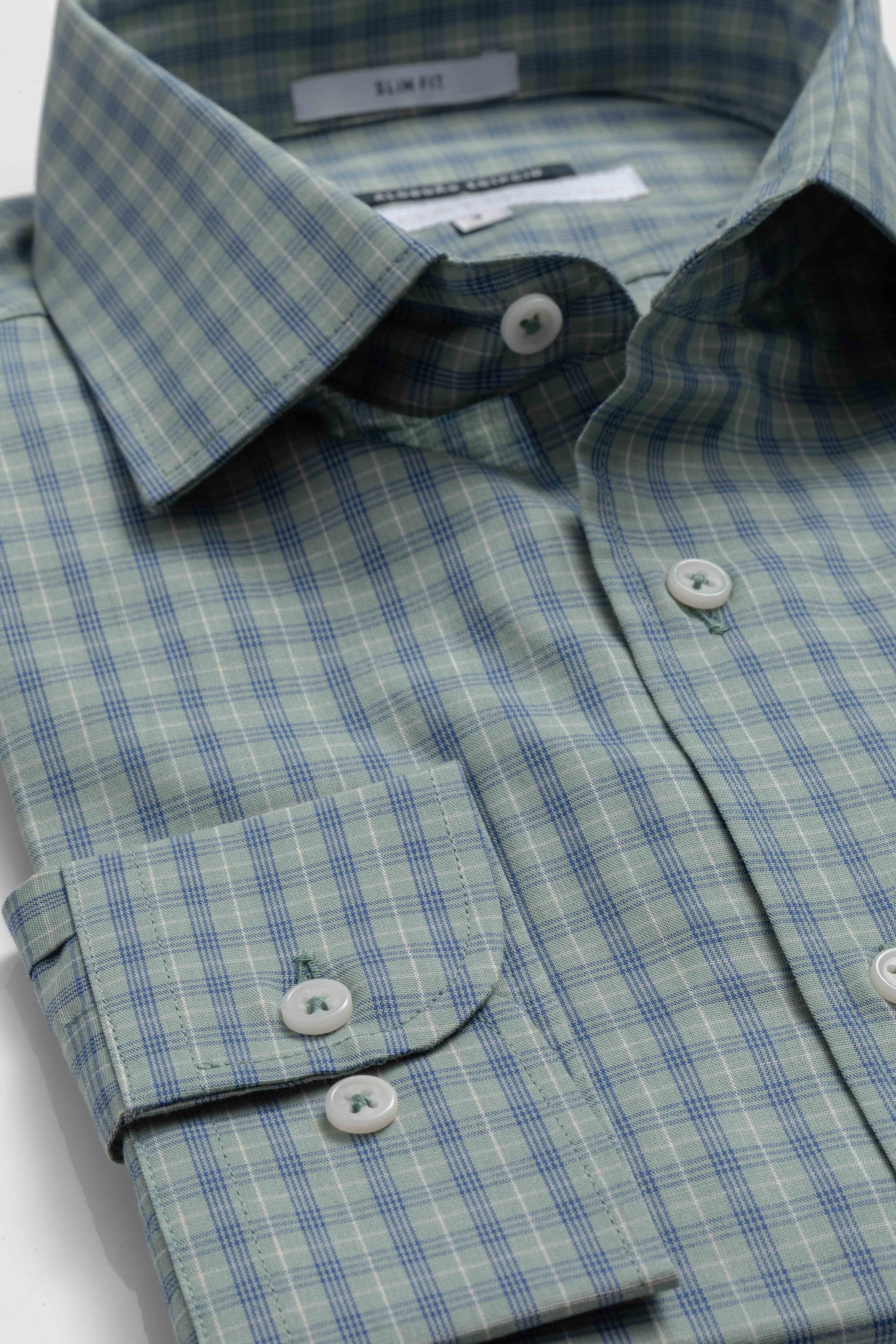 Camisa Manga Longa Slim fit Verde Xadrez Azul 