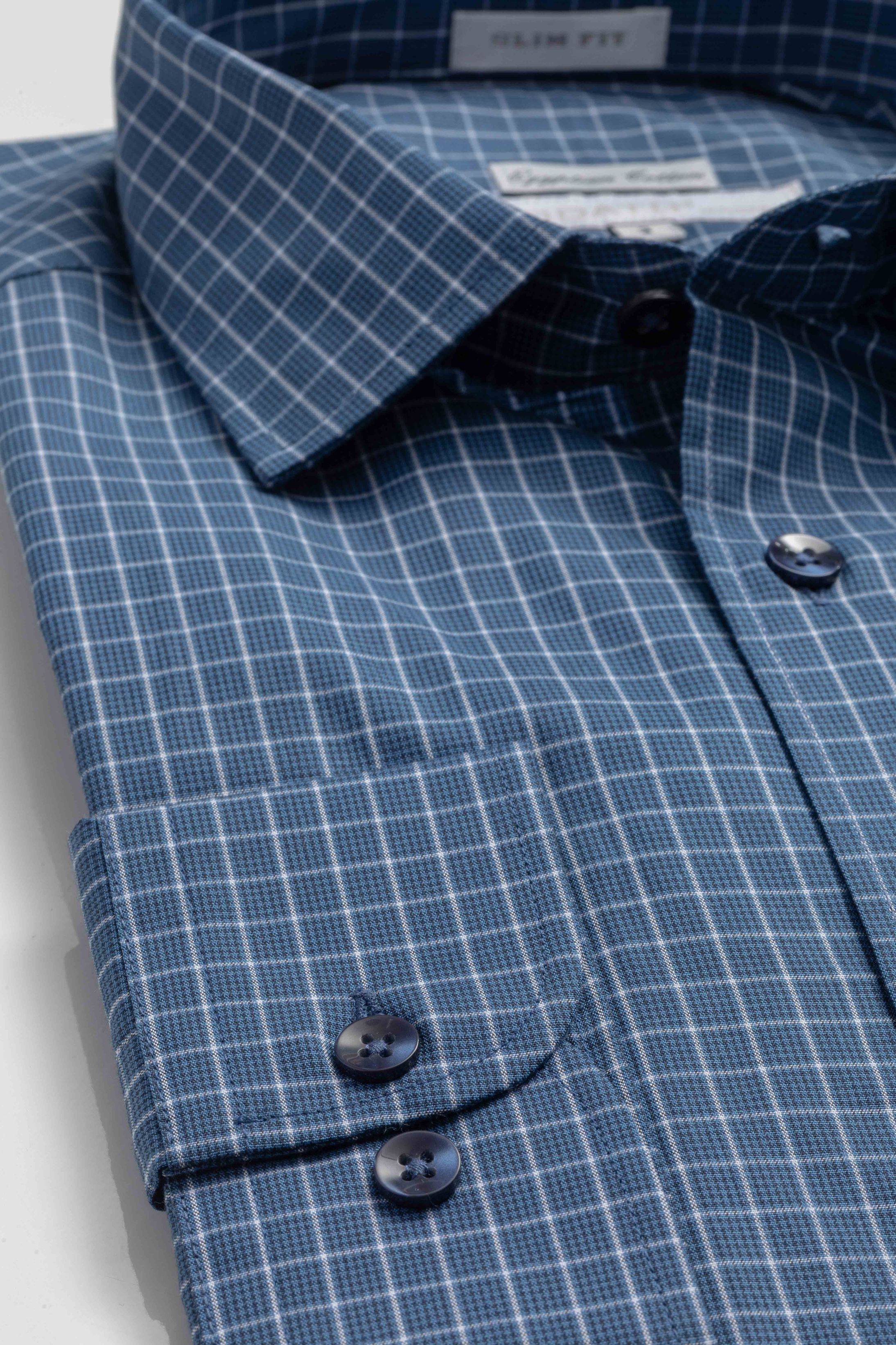 Camisa Manga Longa Slim fit Quadriculdo Marinho