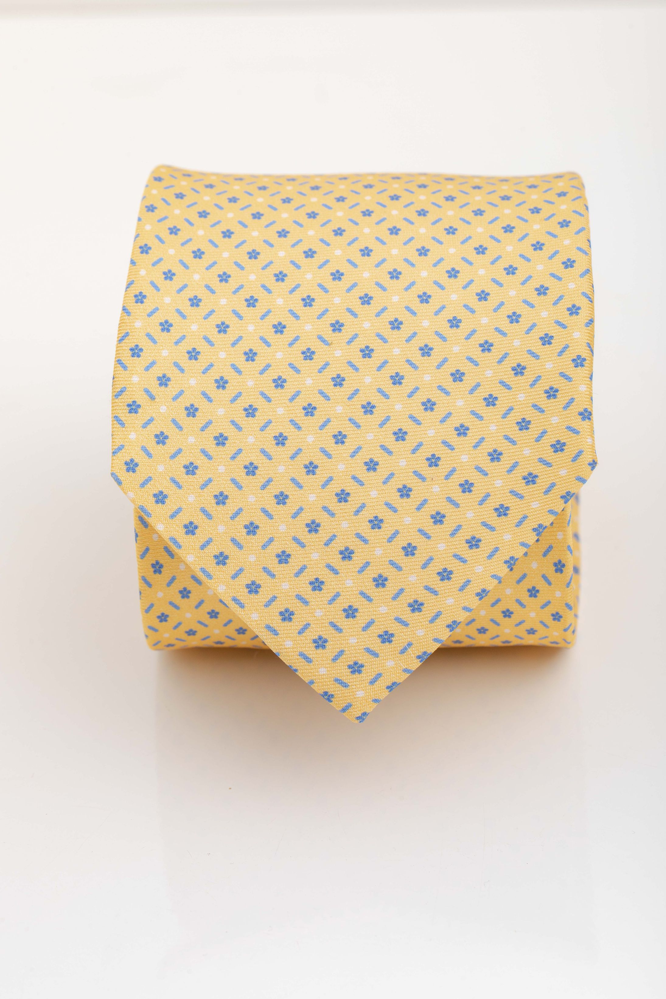 Gravata Seda Italiana Amarela Micro desenho azul - Diodato Alfaiataria