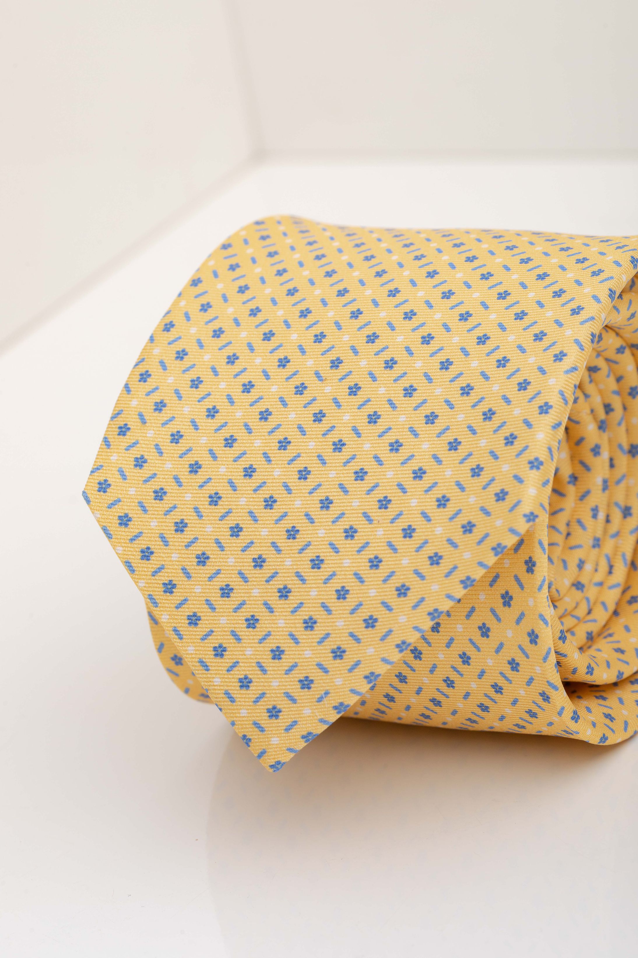 Gravata Seda Italiana Amarela Micro desenho azul