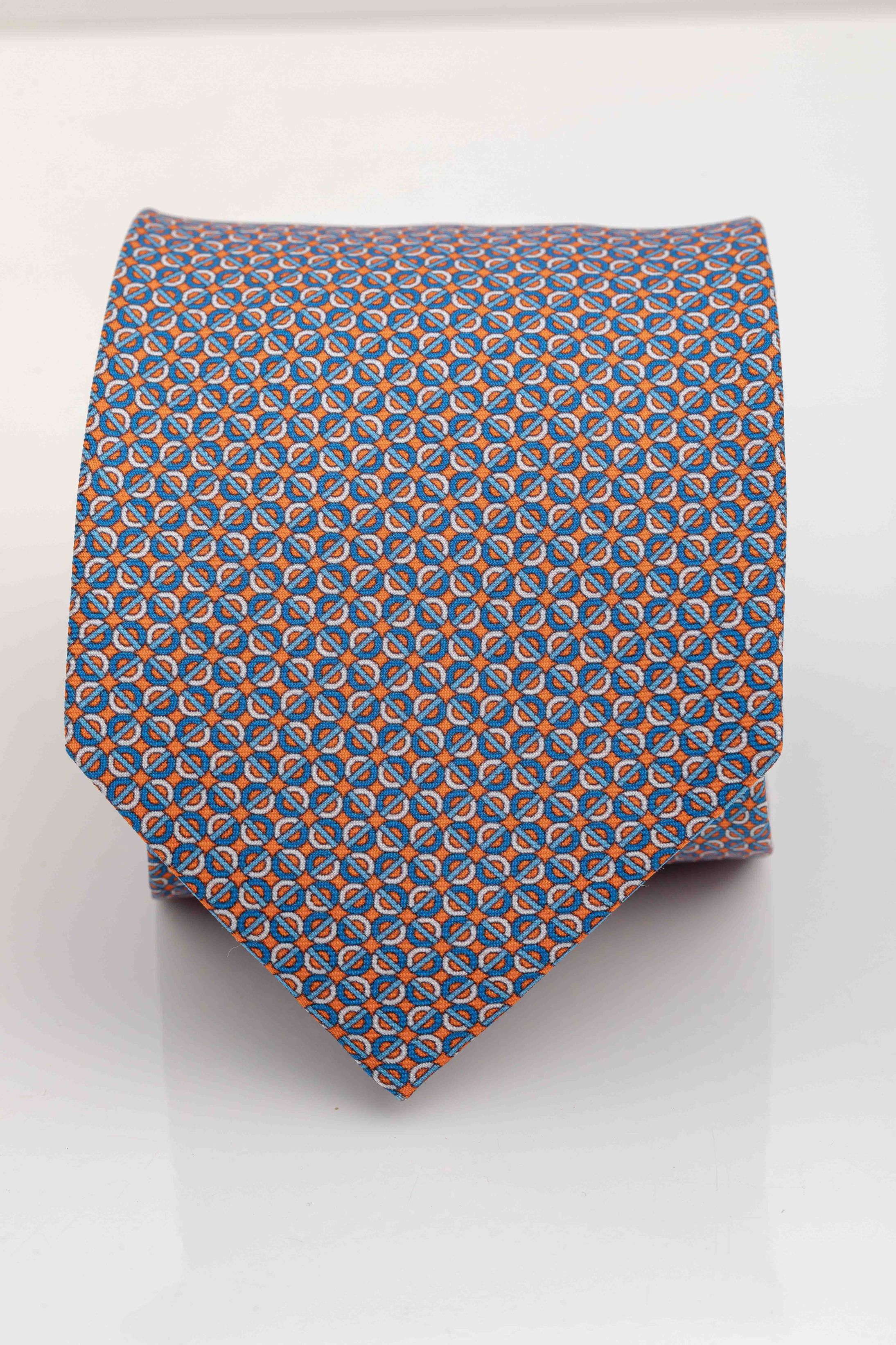 Gravata Seda Italiana Laranja Micro desenho Azul - Diodato Alfaiataria